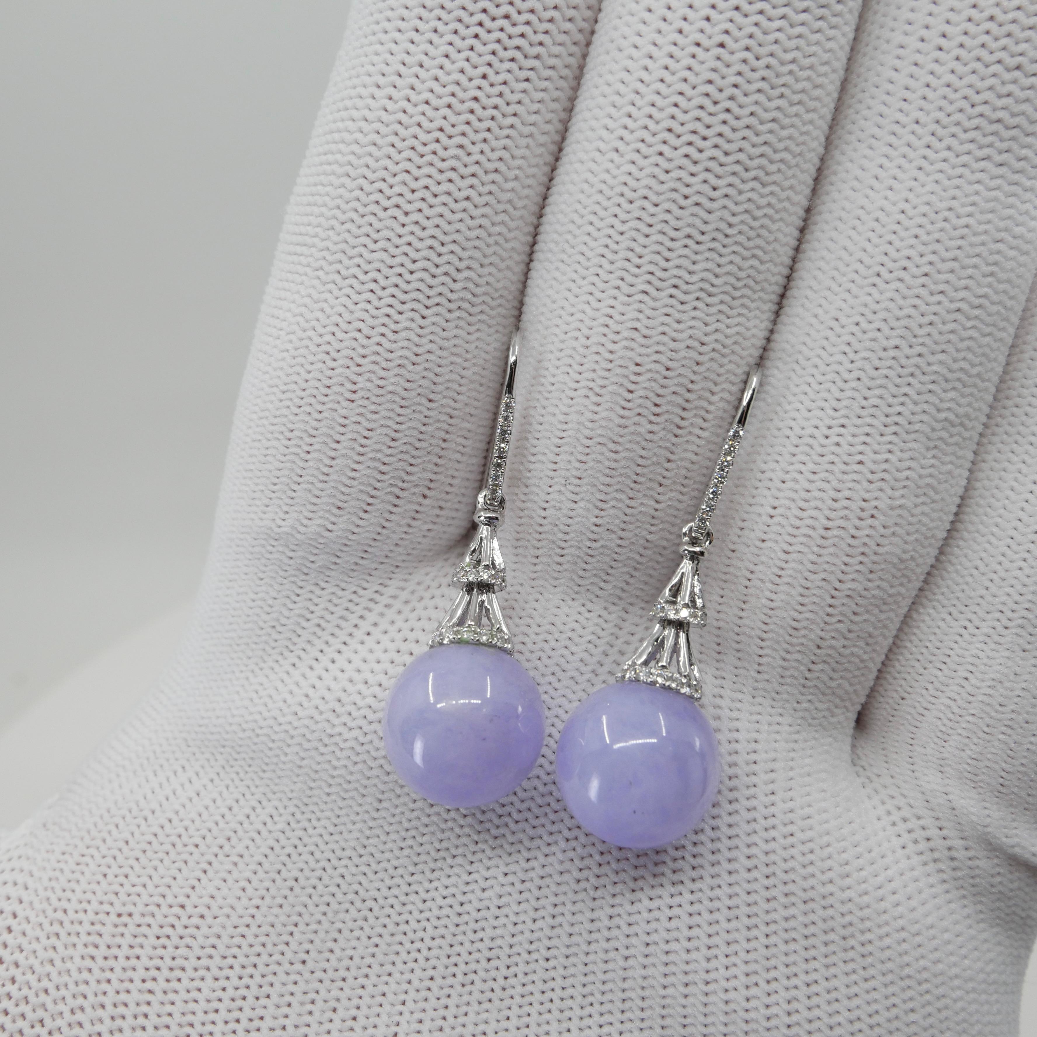 Certified Natural Lavender Jade Beads & Diamond Drop Earrings. Exquisite. 8