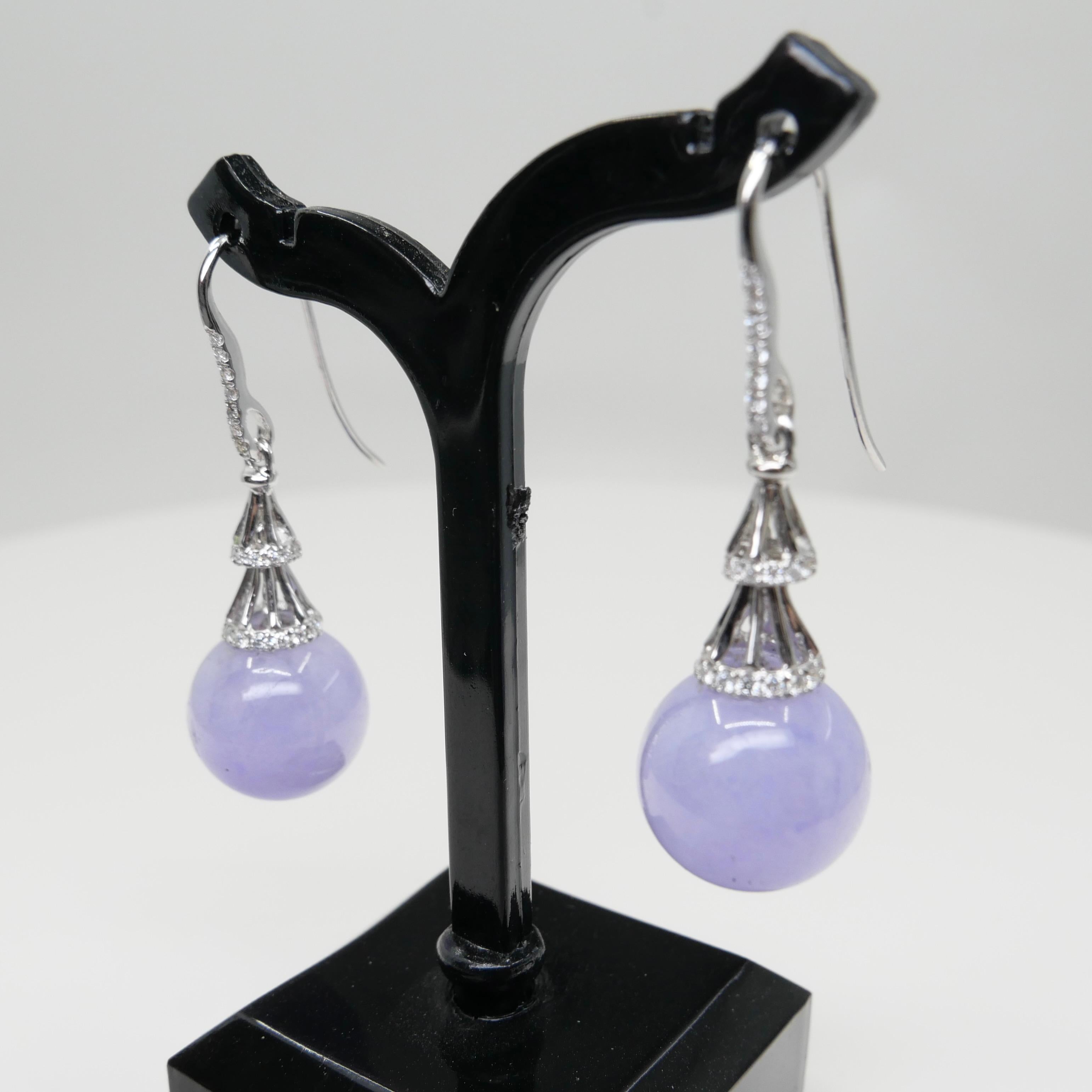 Certified Natural Lavender Jade Beads & Diamond Drop Earrings. Exquisite. 9