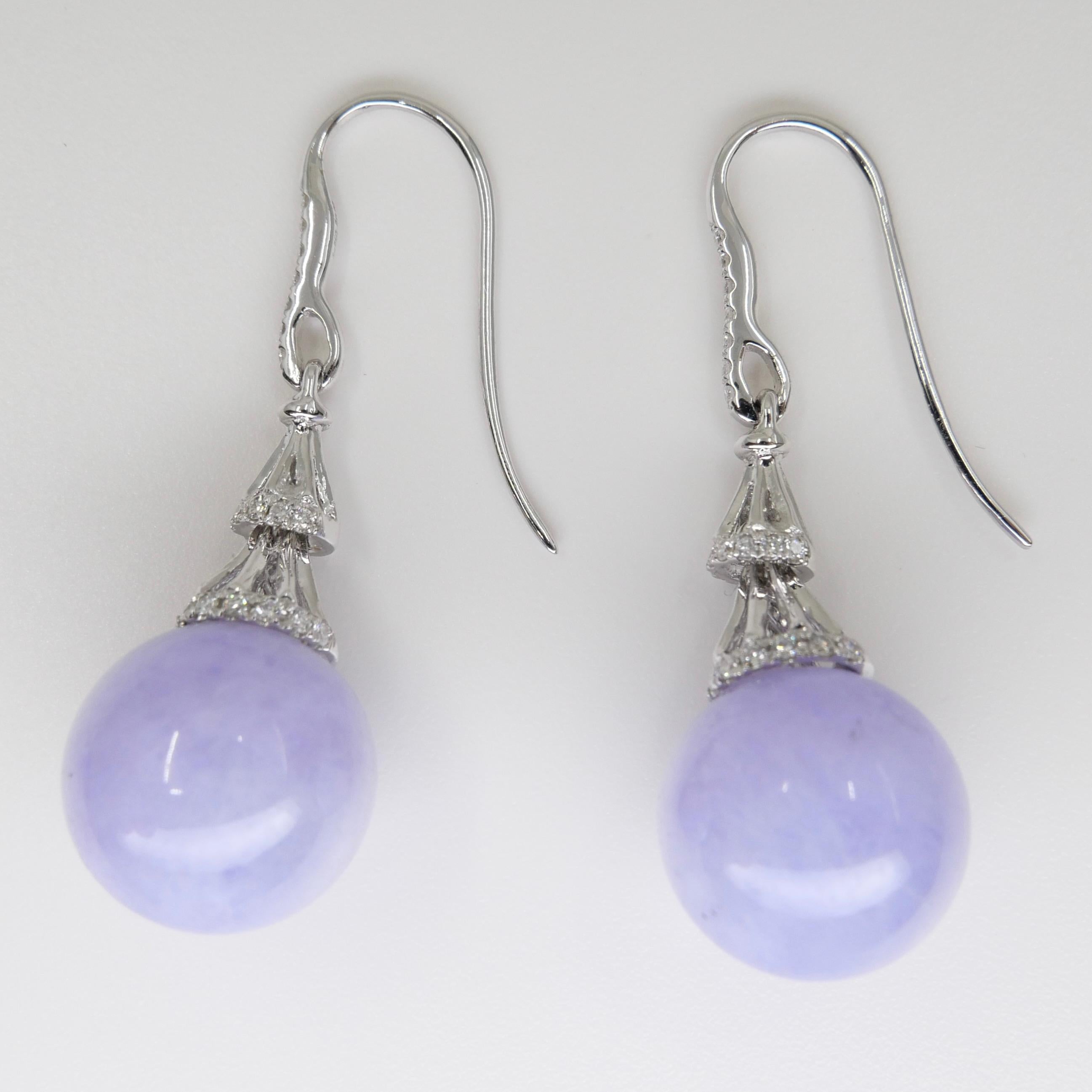 Certified Natural Lavender Jade Beads & Diamond Drop Earrings. Exquisite. 10