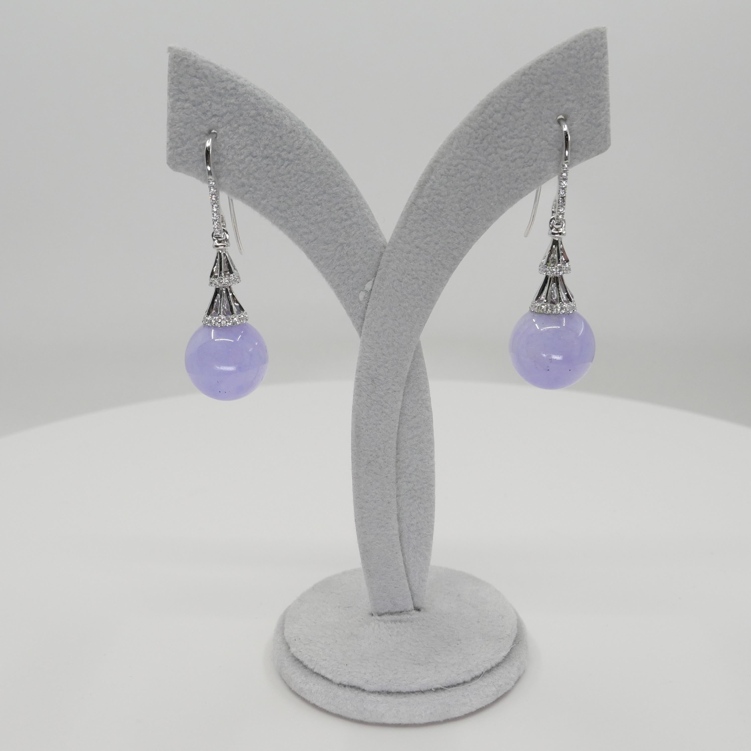 Certified Natural Lavender Jade Beads & Diamond Drop Earrings. Exquisite. 11