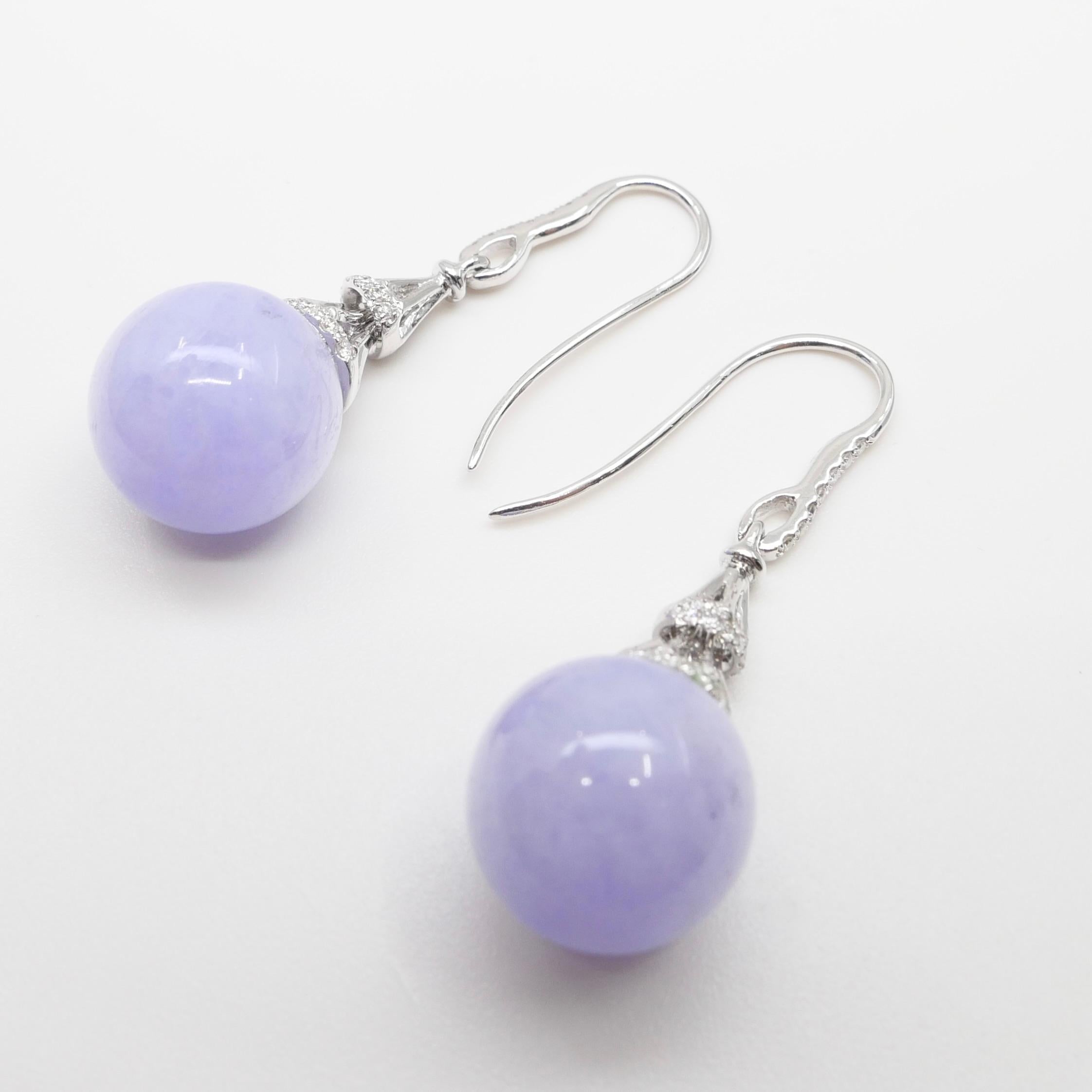 Certified Natural Lavender Jade Beads & Diamond Drop Earrings. Exquisite. 12