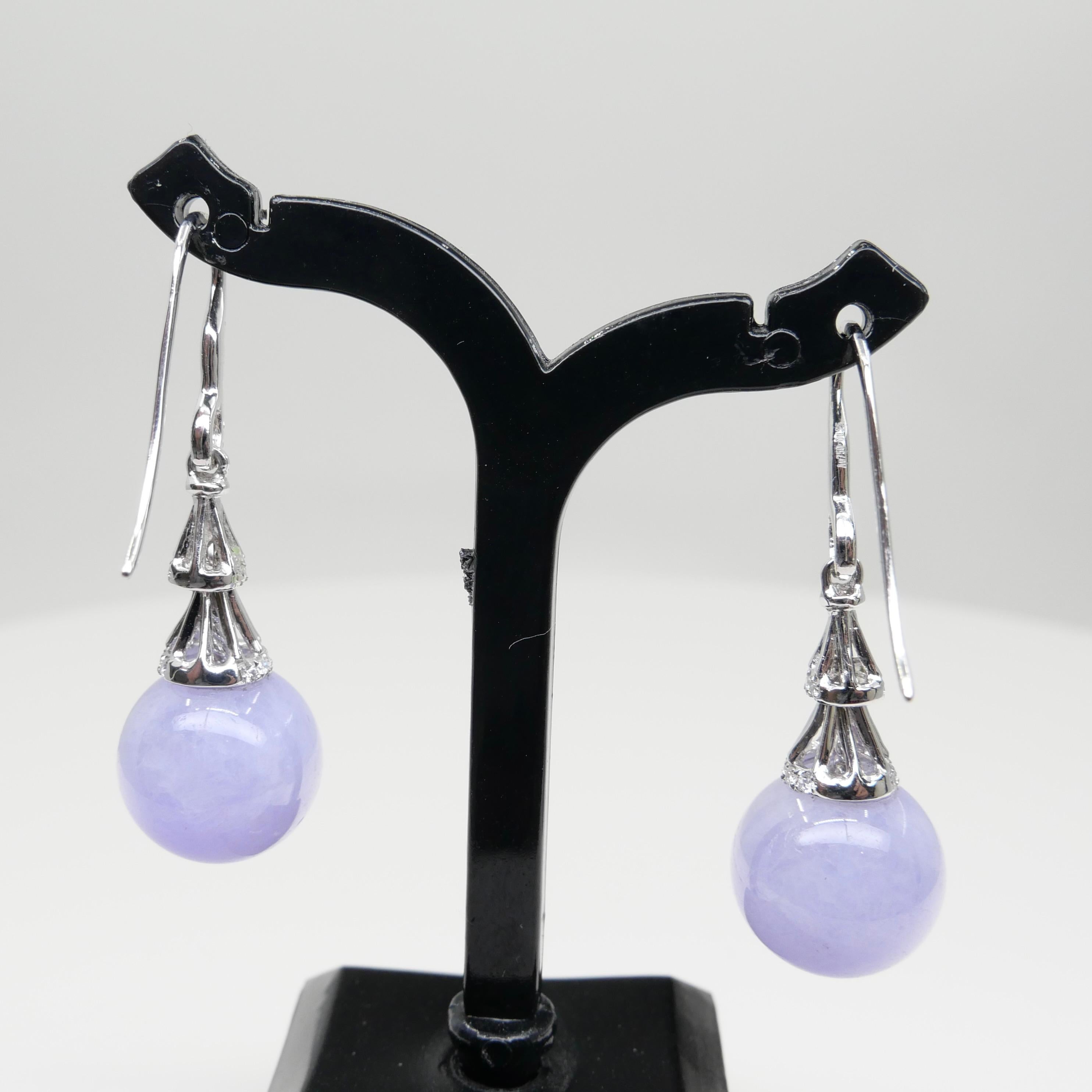 Certified Natural Lavender Jade Beads & Diamond Drop Earrings. Exquisite. 13