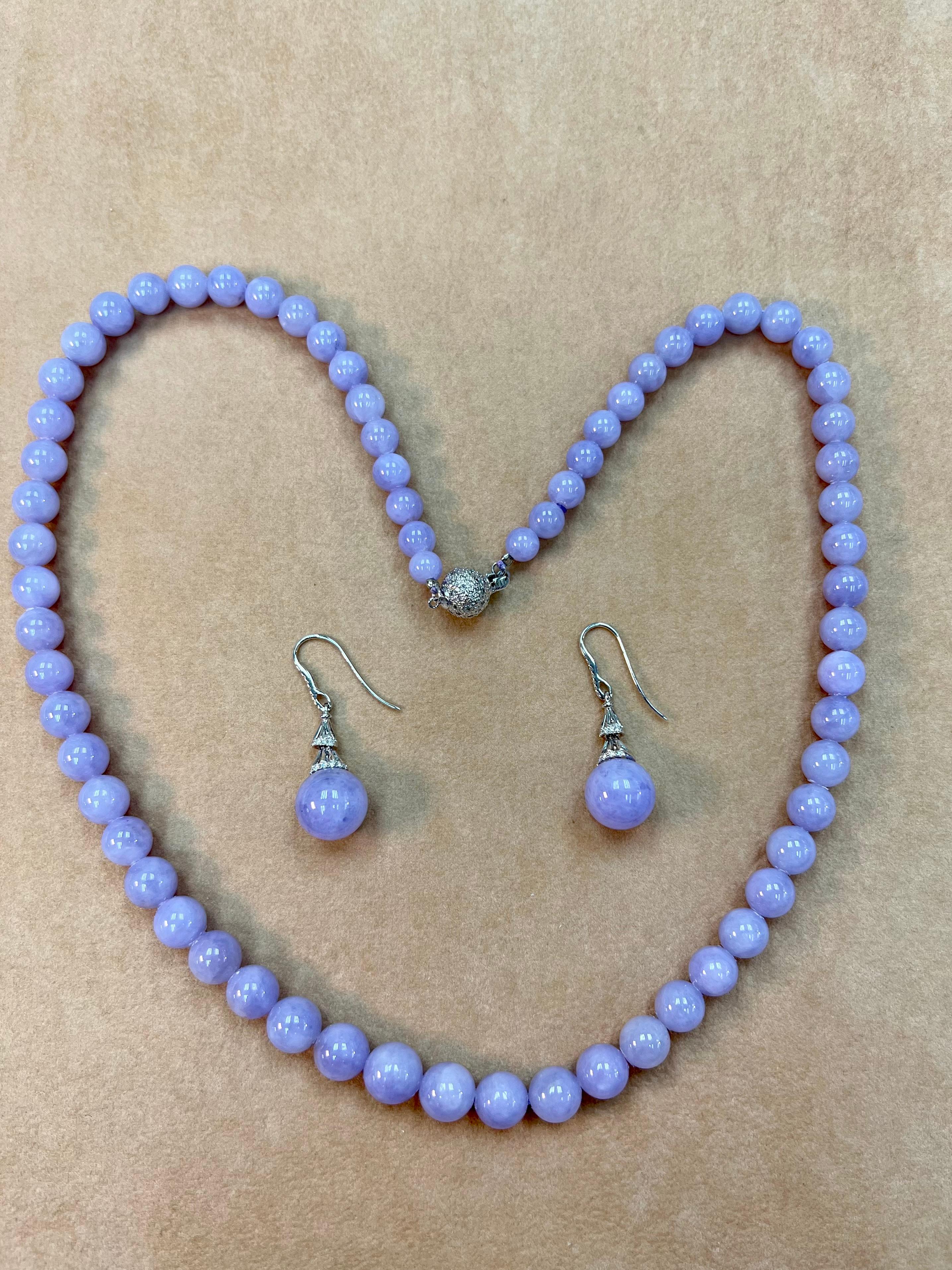 Certified Natural Lavender Jade Beads & Diamond Drop Earrings. Exquisite. 15