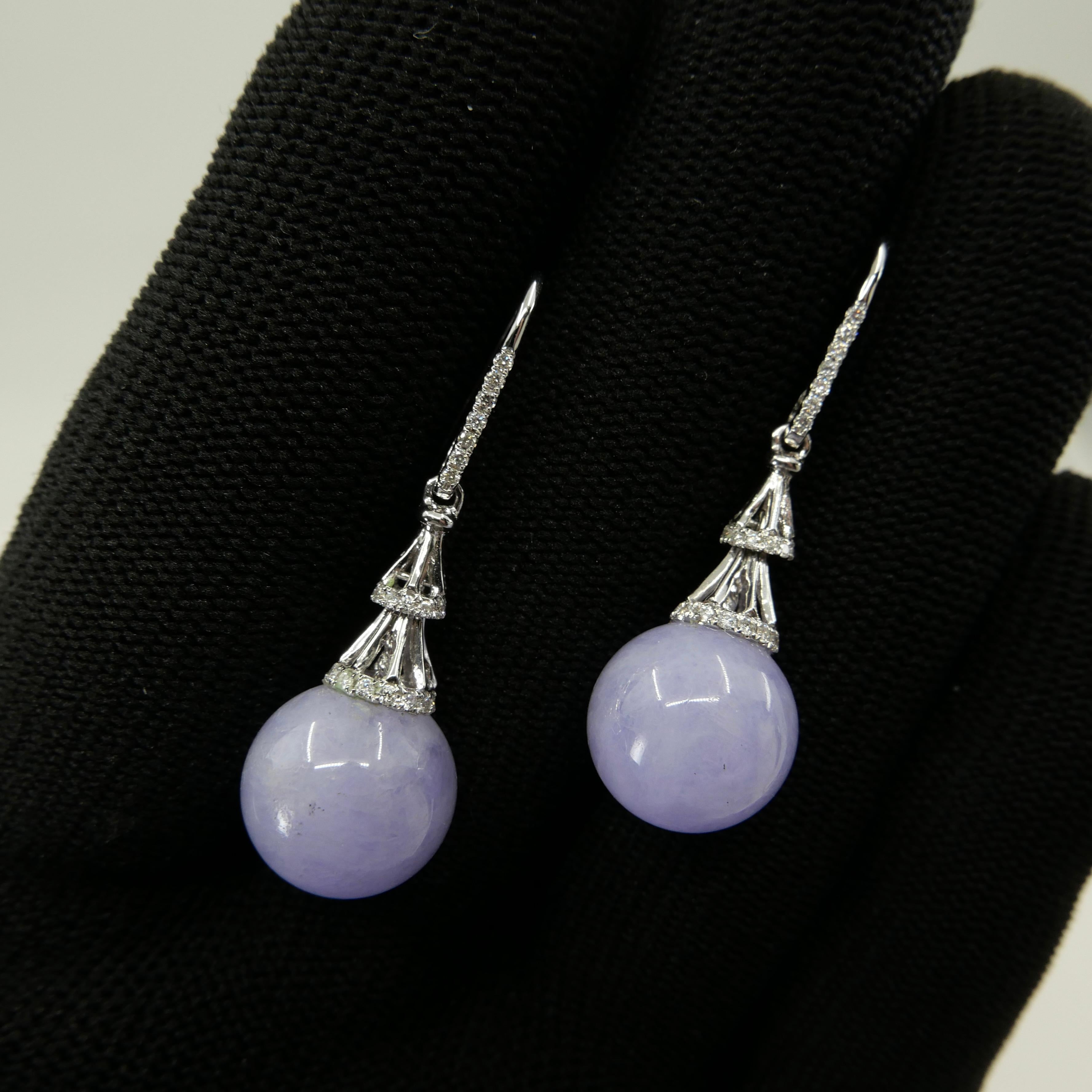 Certified Natural Lavender Jade Beads & Diamond Drop Earrings. Exquisite. In New Condition In Hong Kong, HK