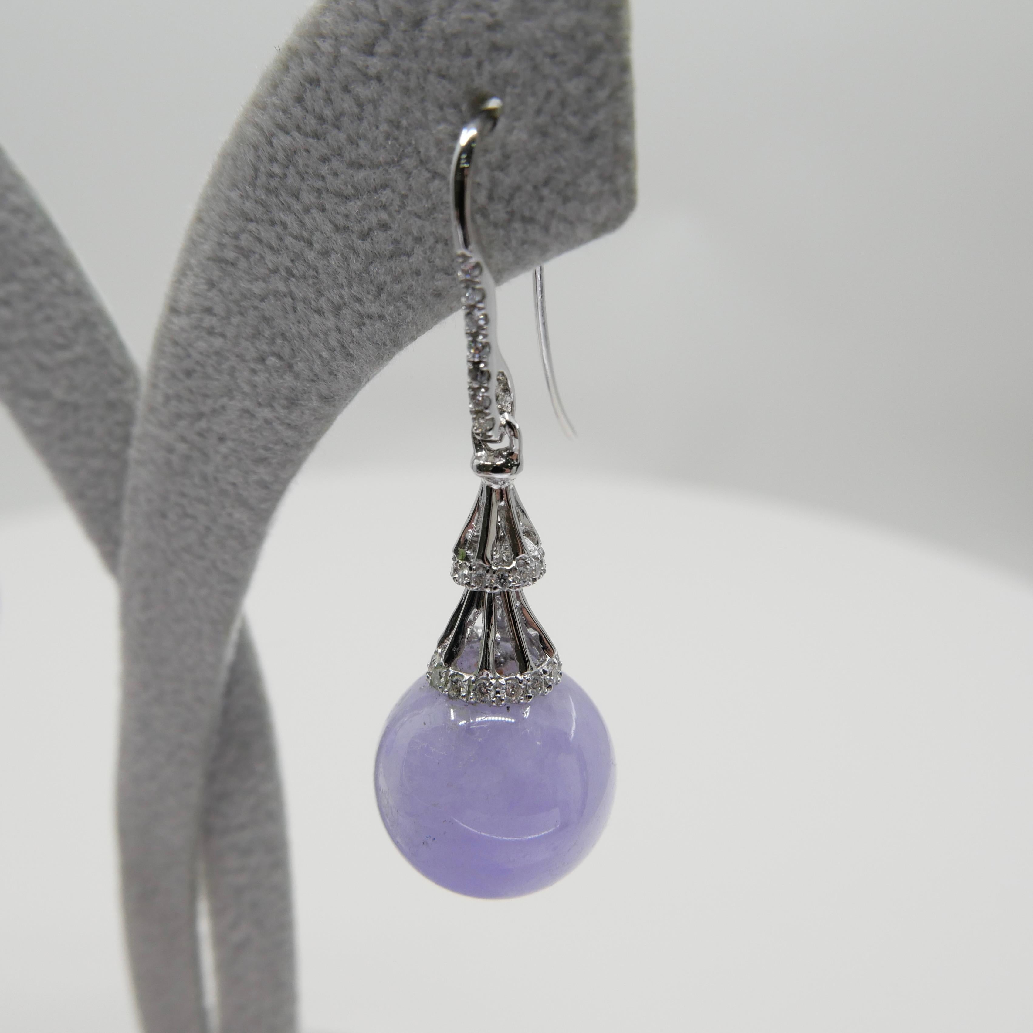 Certified Natural Lavender Jade Beads & Diamond Drop Earrings. Exquisite. 1