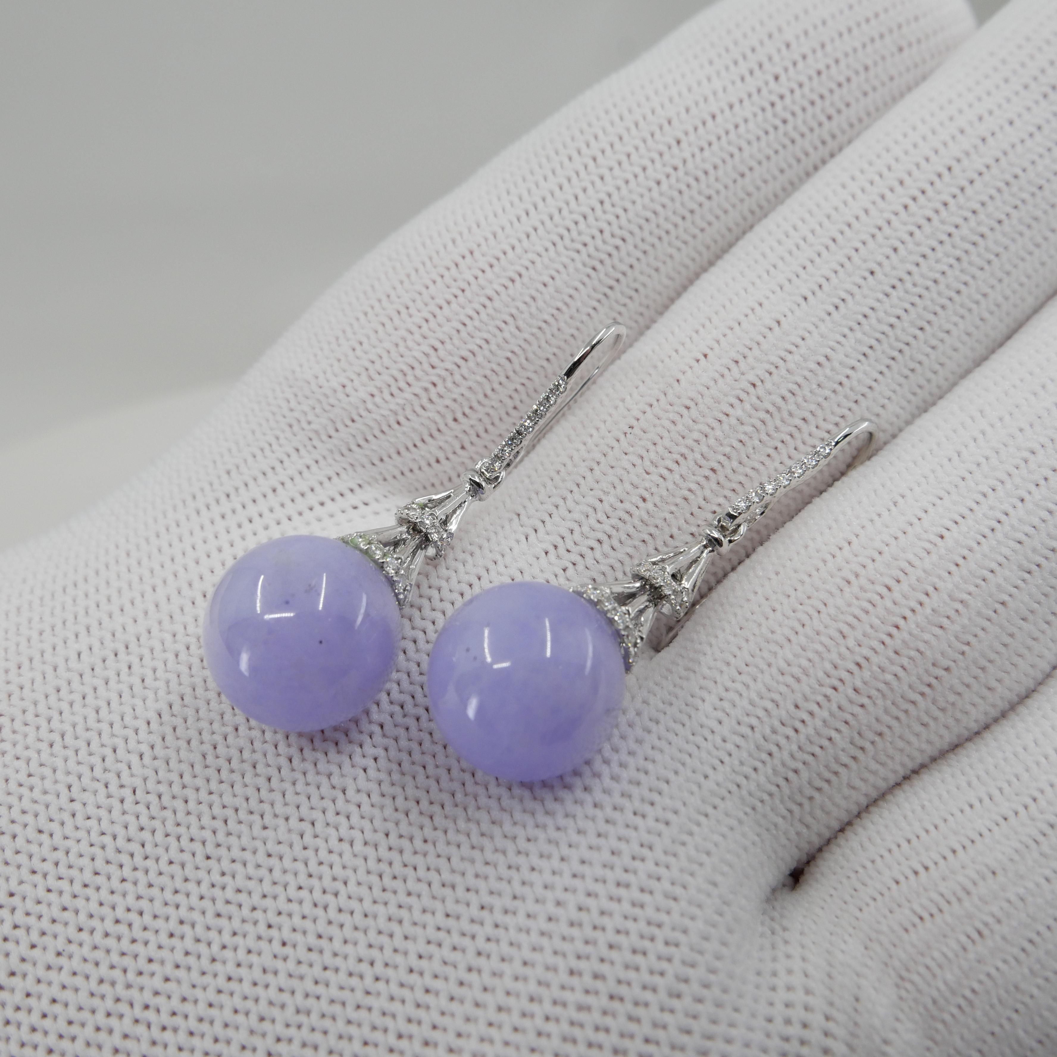 Certified Natural Lavender Jade Beads & Diamond Drop Earrings. Exquisite. 2