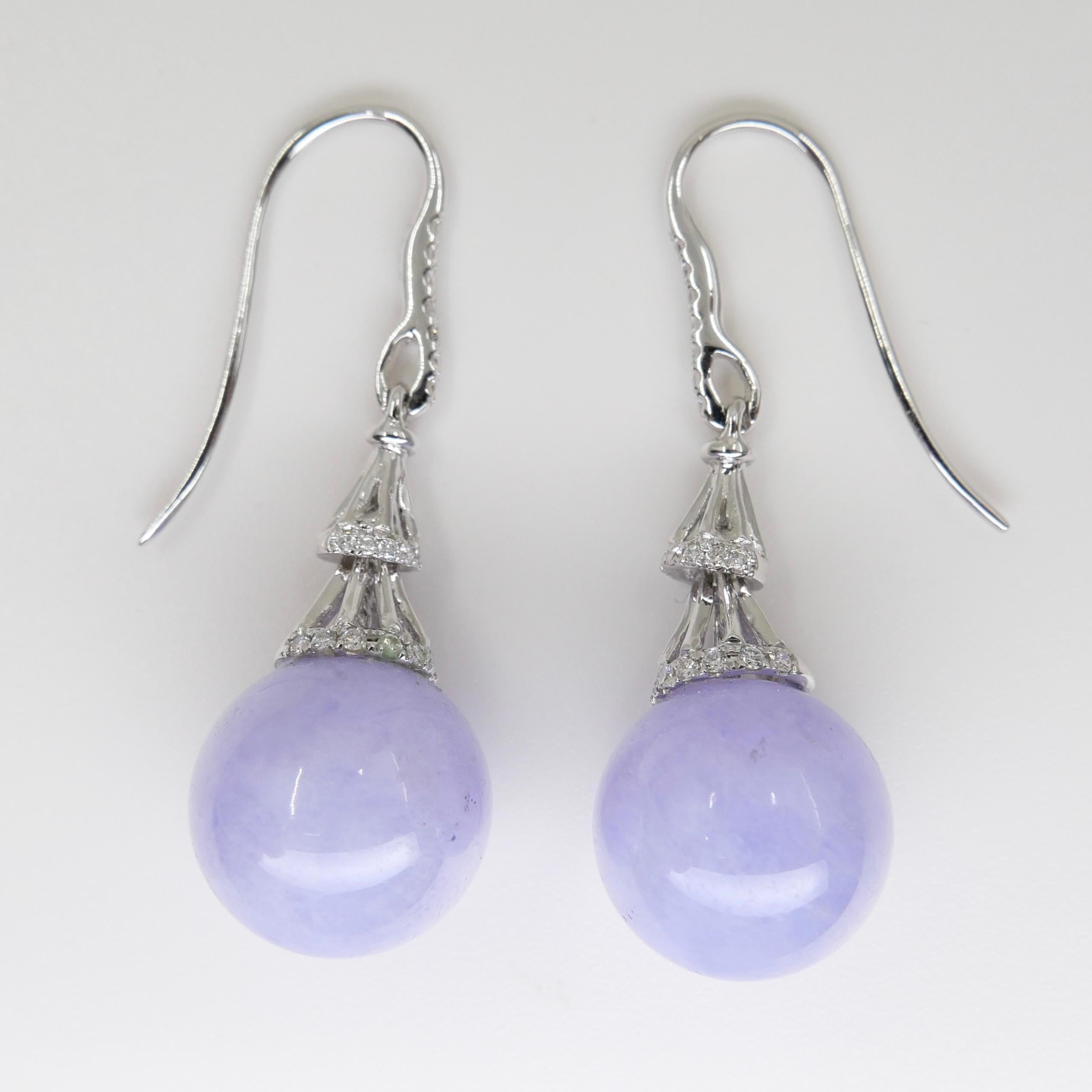 Certified Natural Lavender Jade Beads & Diamond Drop Earrings. Exquisite. 3