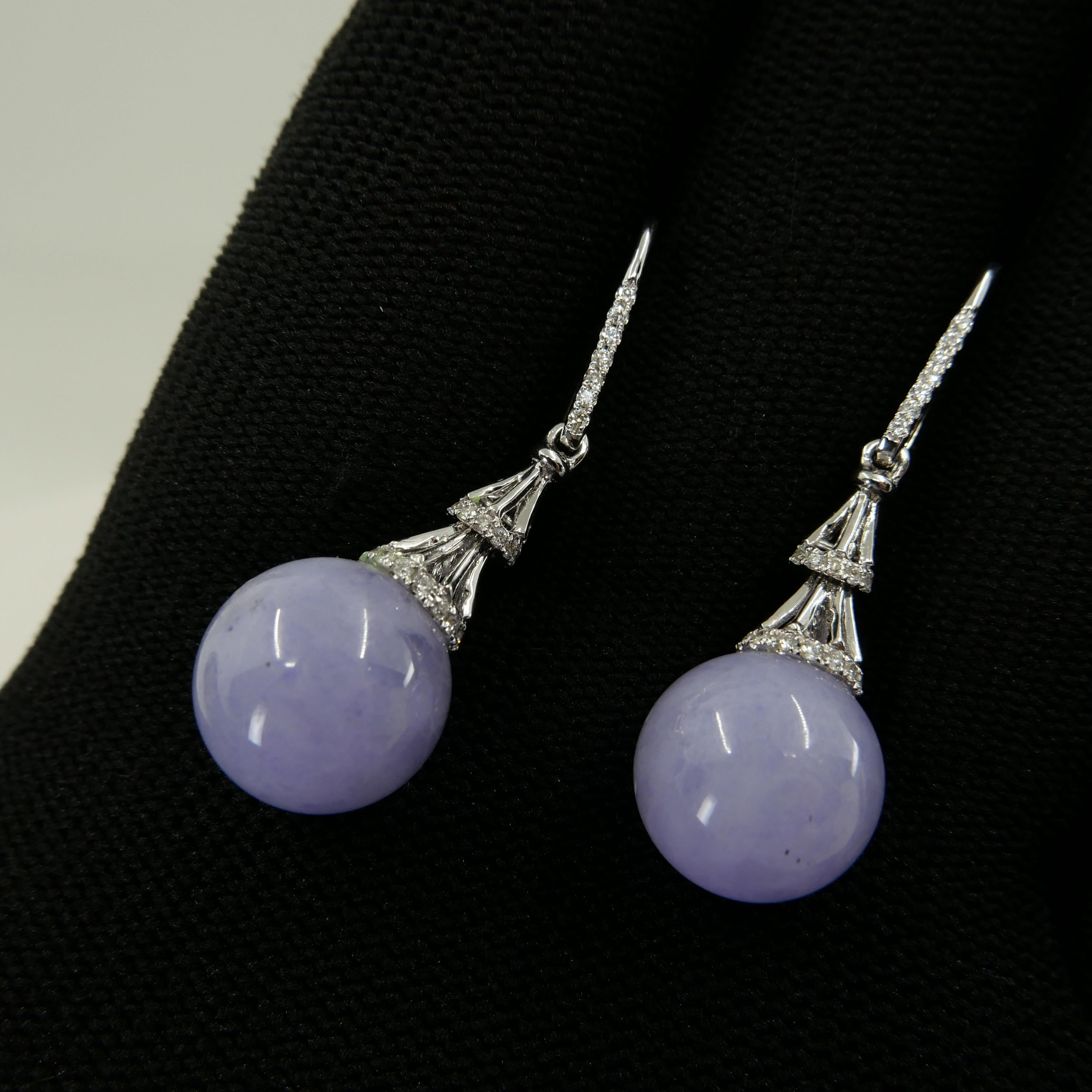 Certified Natural Lavender Jade Beads & Diamond Drop Earrings. Exquisite. 4