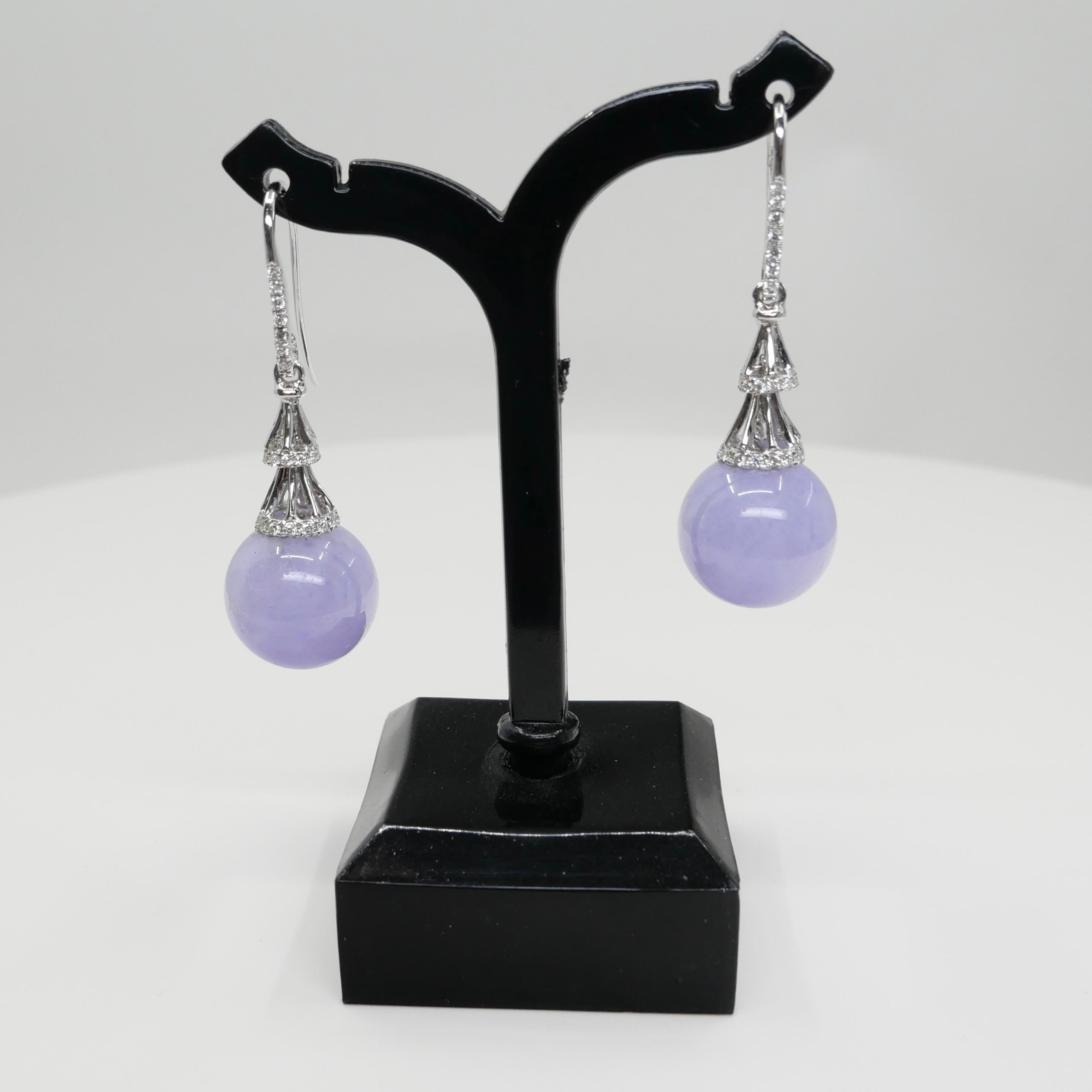 Certified Natural Lavender Jade Beads & Diamond Drop Earrings. Exquisite. 5