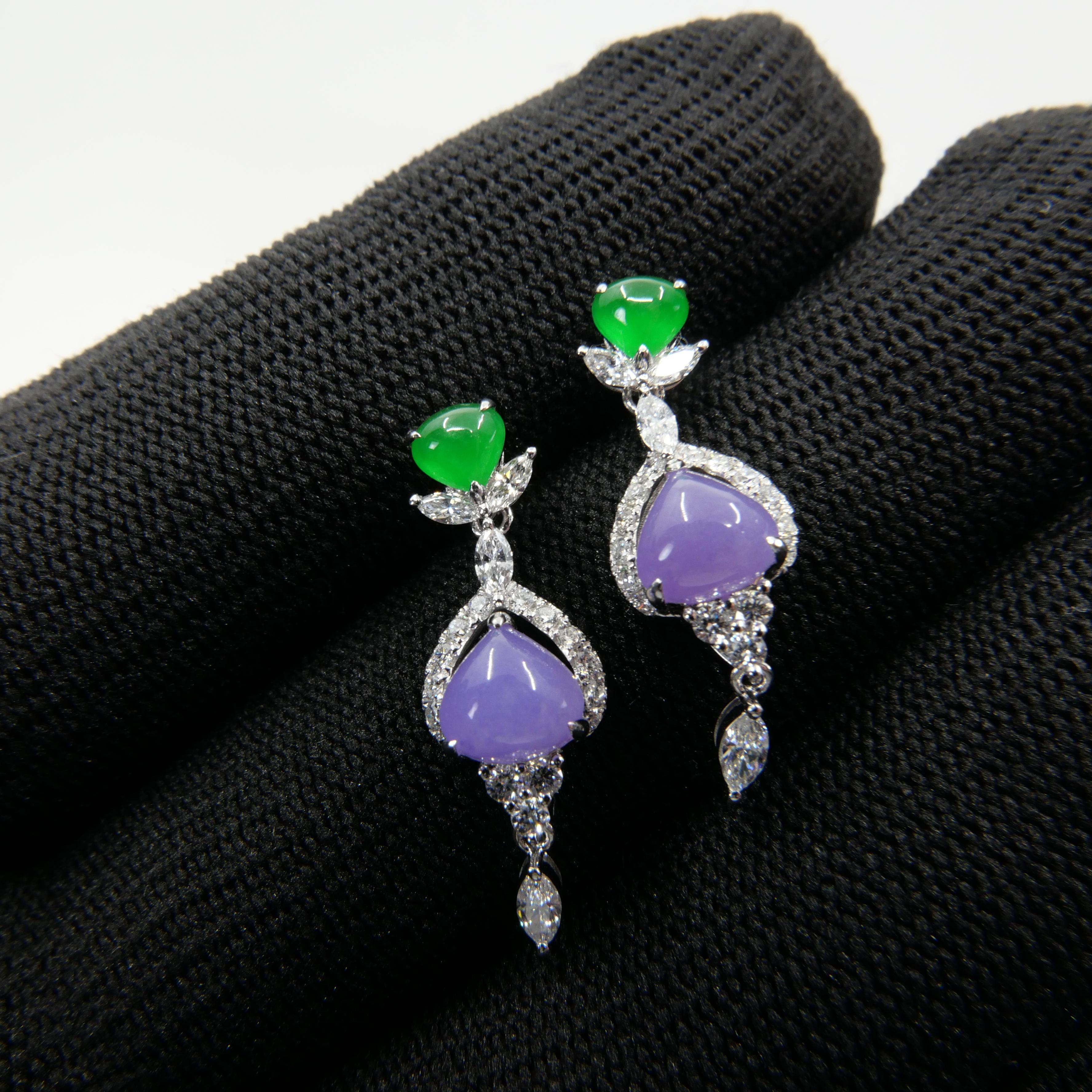 Certified Natural Lavender & Imperial Jade & Diamond Drop Earrings. Exquisite. For Sale 4