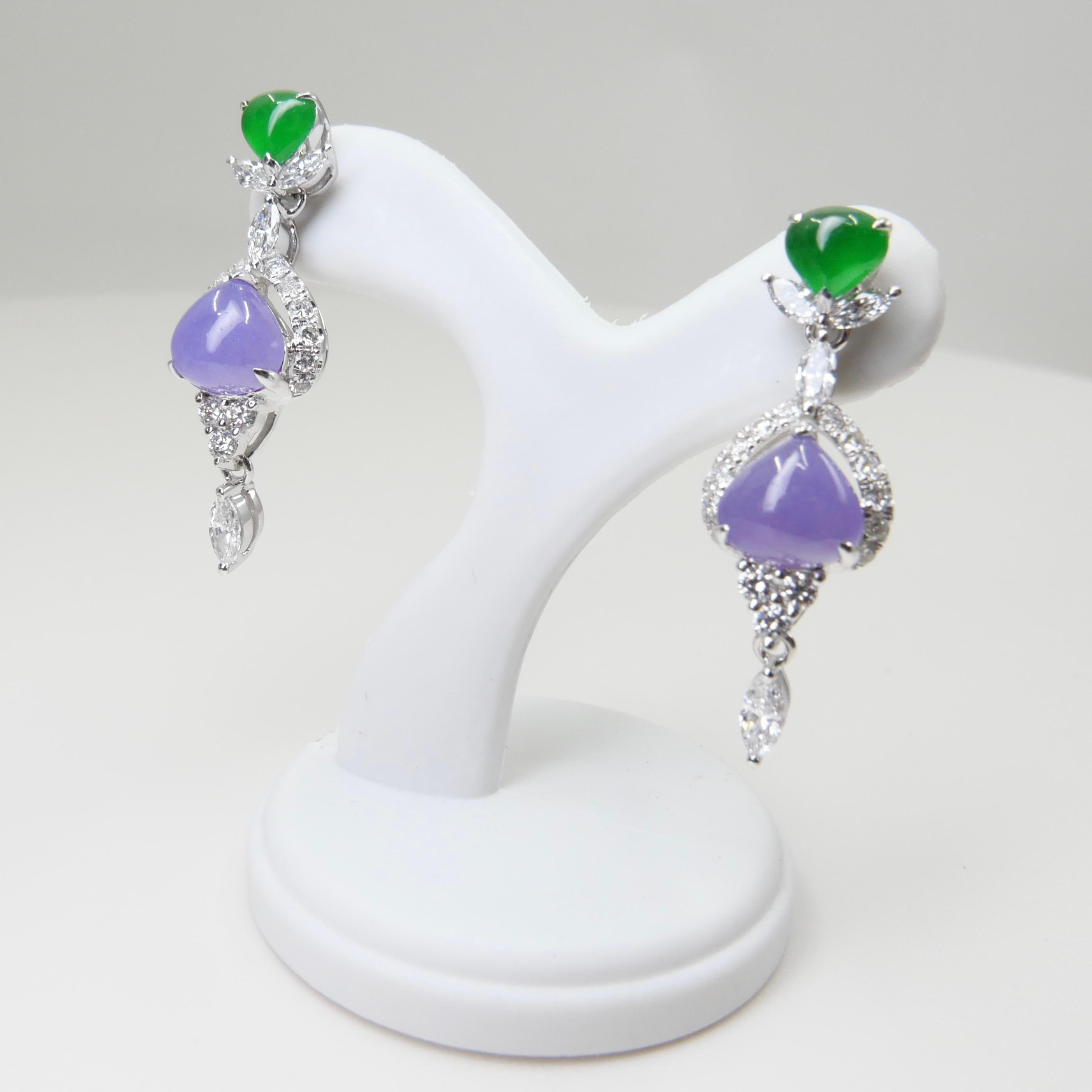 Certified Natural Lavender & Imperial Jade & Diamond Drop Earrings. Exquisite. For Sale 6