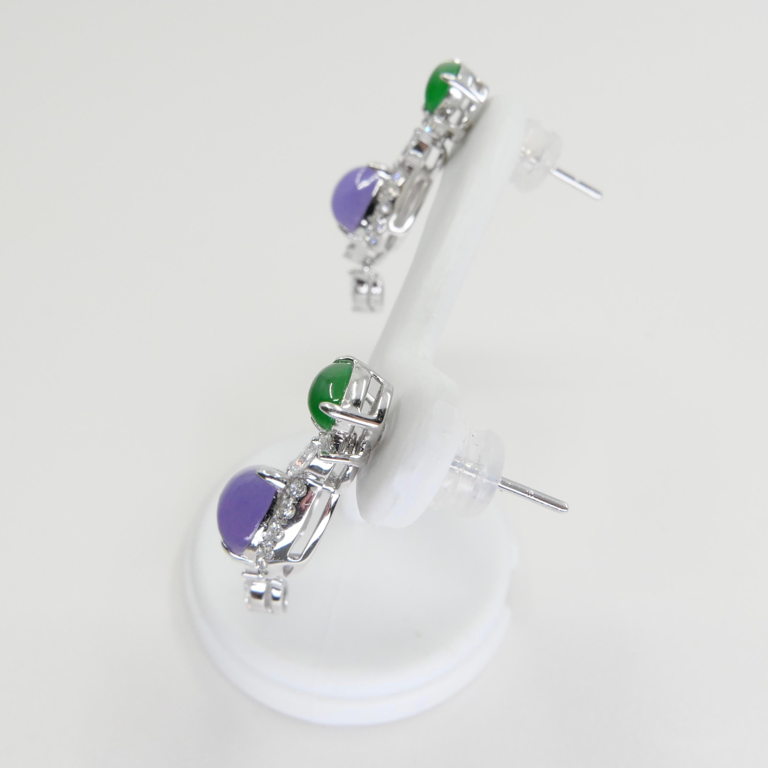 Certified Natural Lavender & Imperial Jade & Diamond Drop Earrings. Exquisite. For Sale 7
