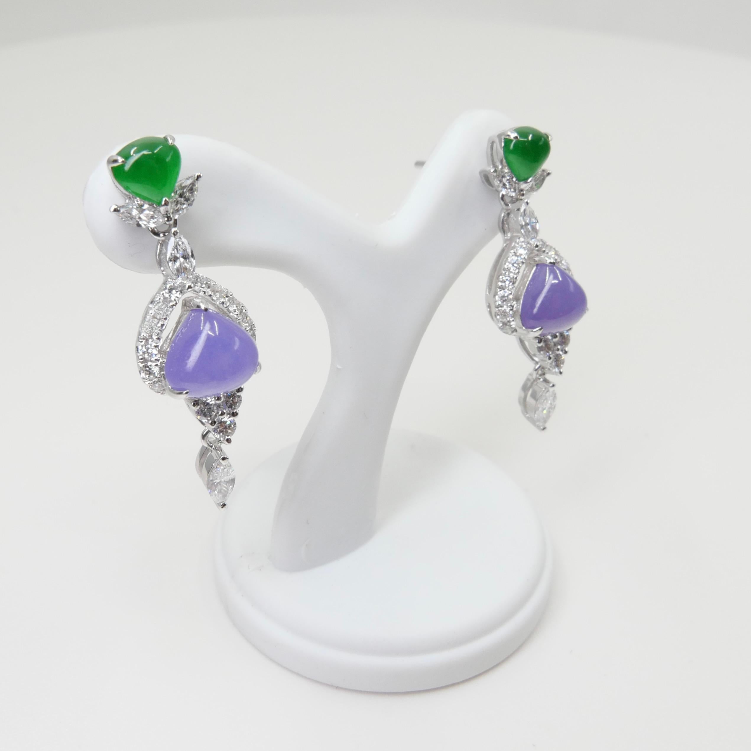 Certified Natural Lavender & Imperial Jade & Diamond Drop Earrings. Exquisite. For Sale 8