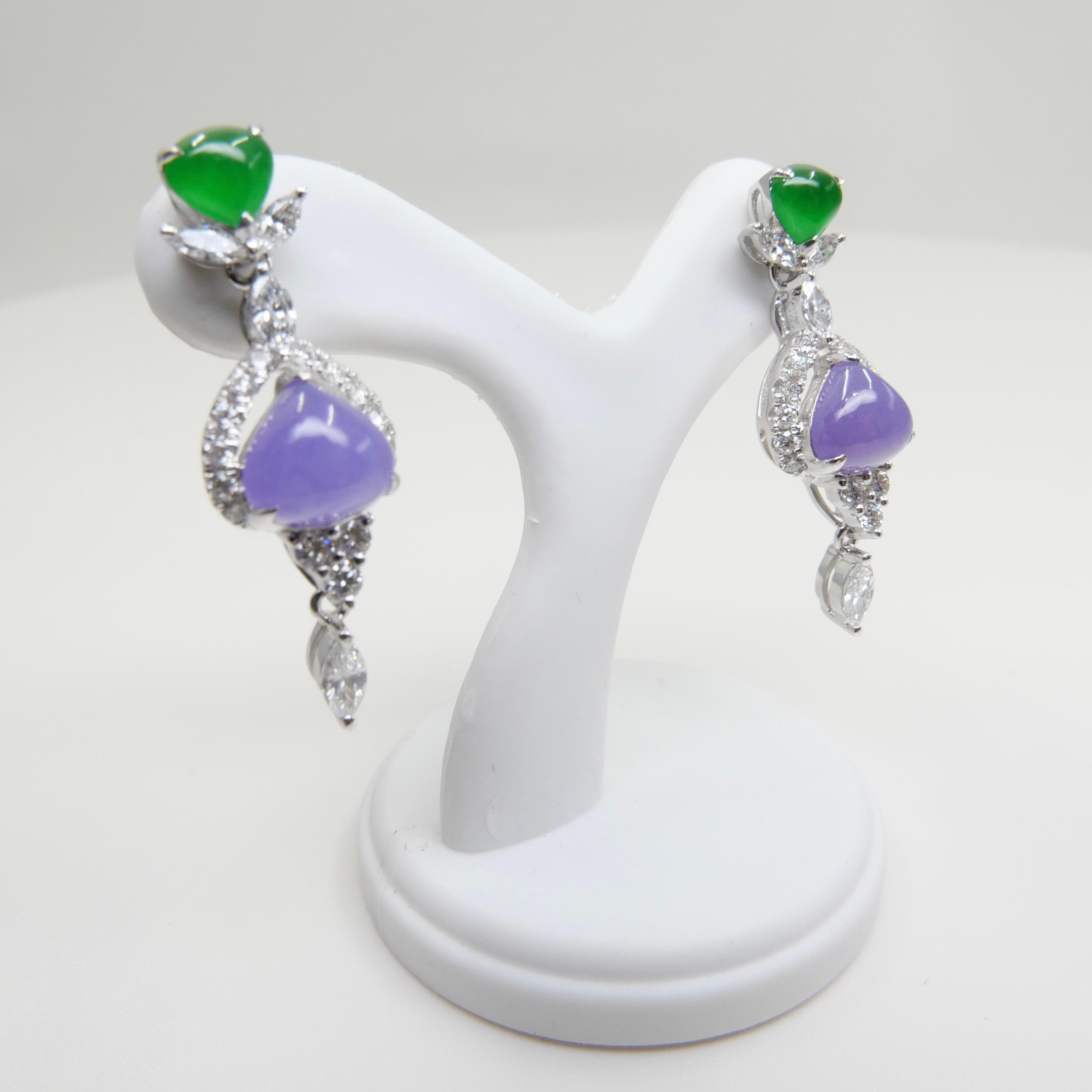 Certified Natural Lavender & Imperial Jade & Diamond Drop Earrings. Exquisite. For Sale 9