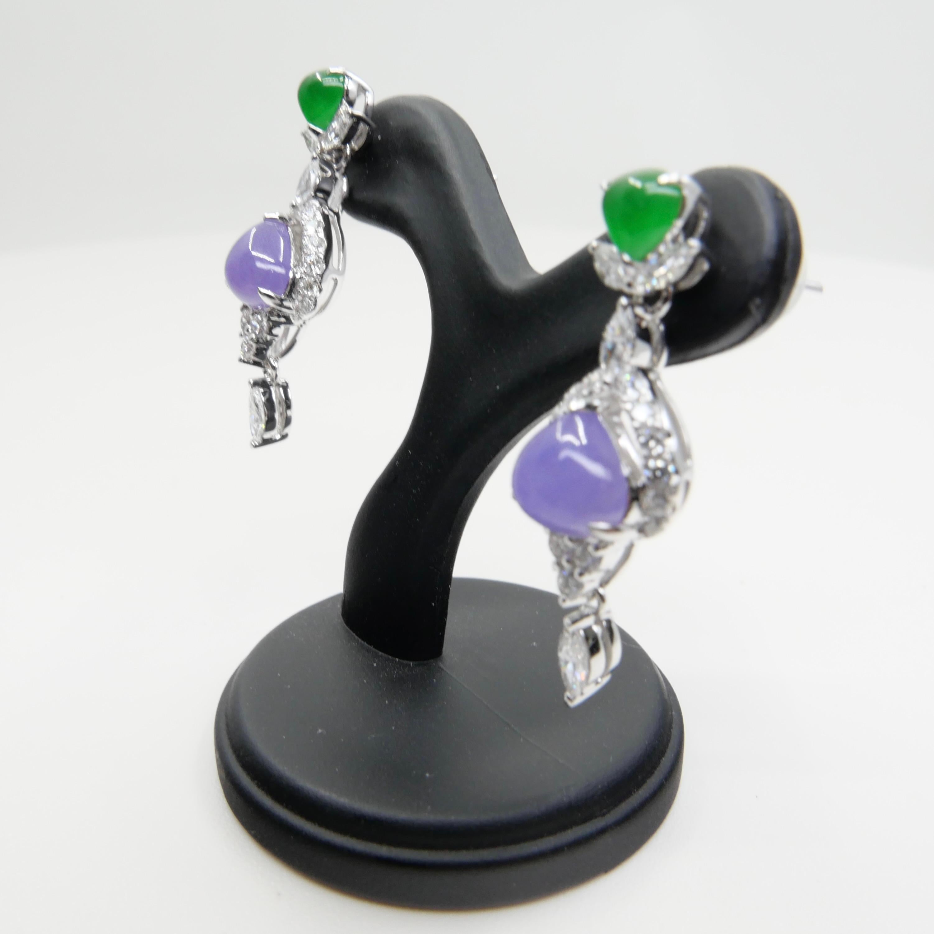 Certified Natural Lavender & Imperial Jade & Diamond Drop Earrings. Exquisite. For Sale 10