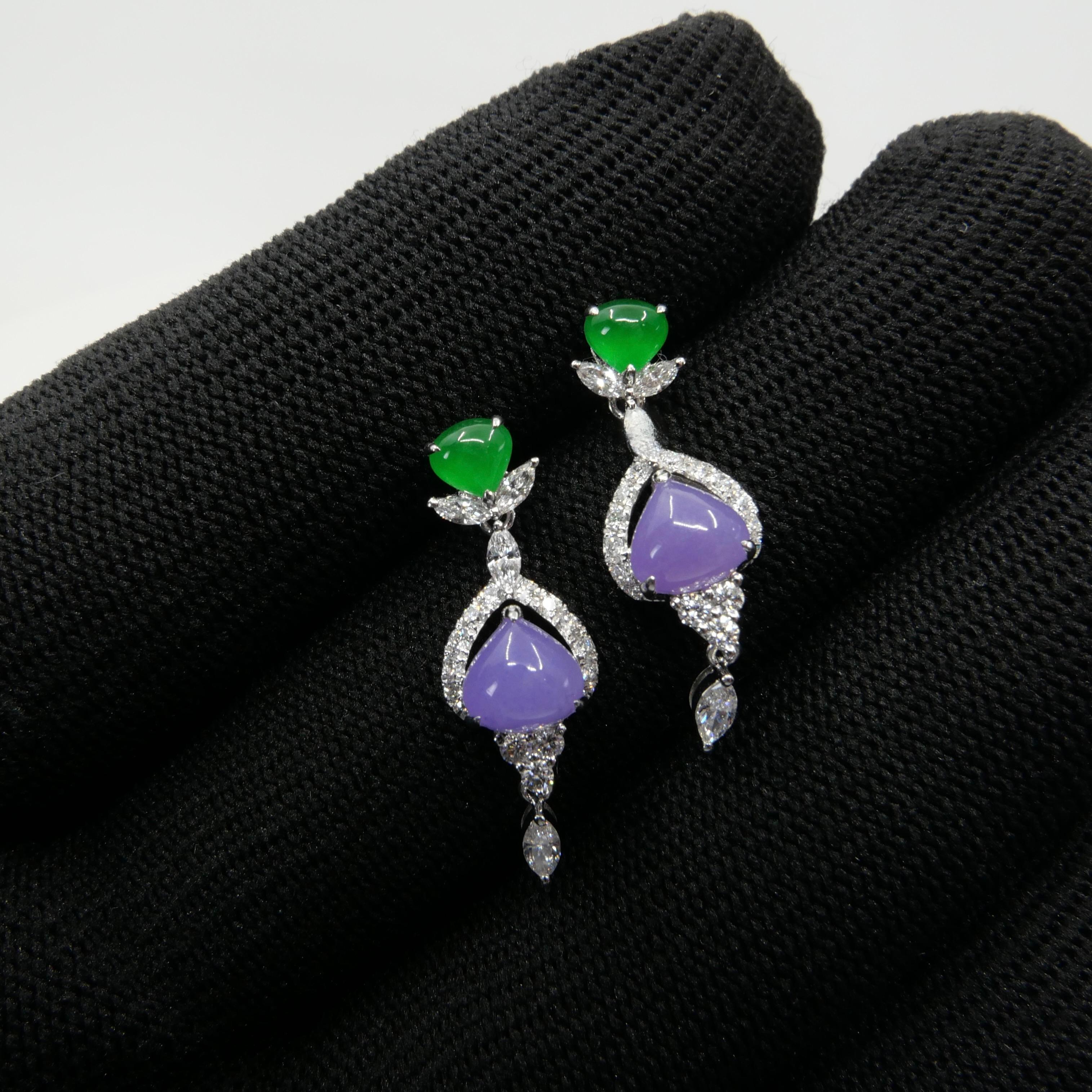 Certified Natural Lavender & Imperial Jade & Diamond Drop Earrings. Exquisite. For Sale 12