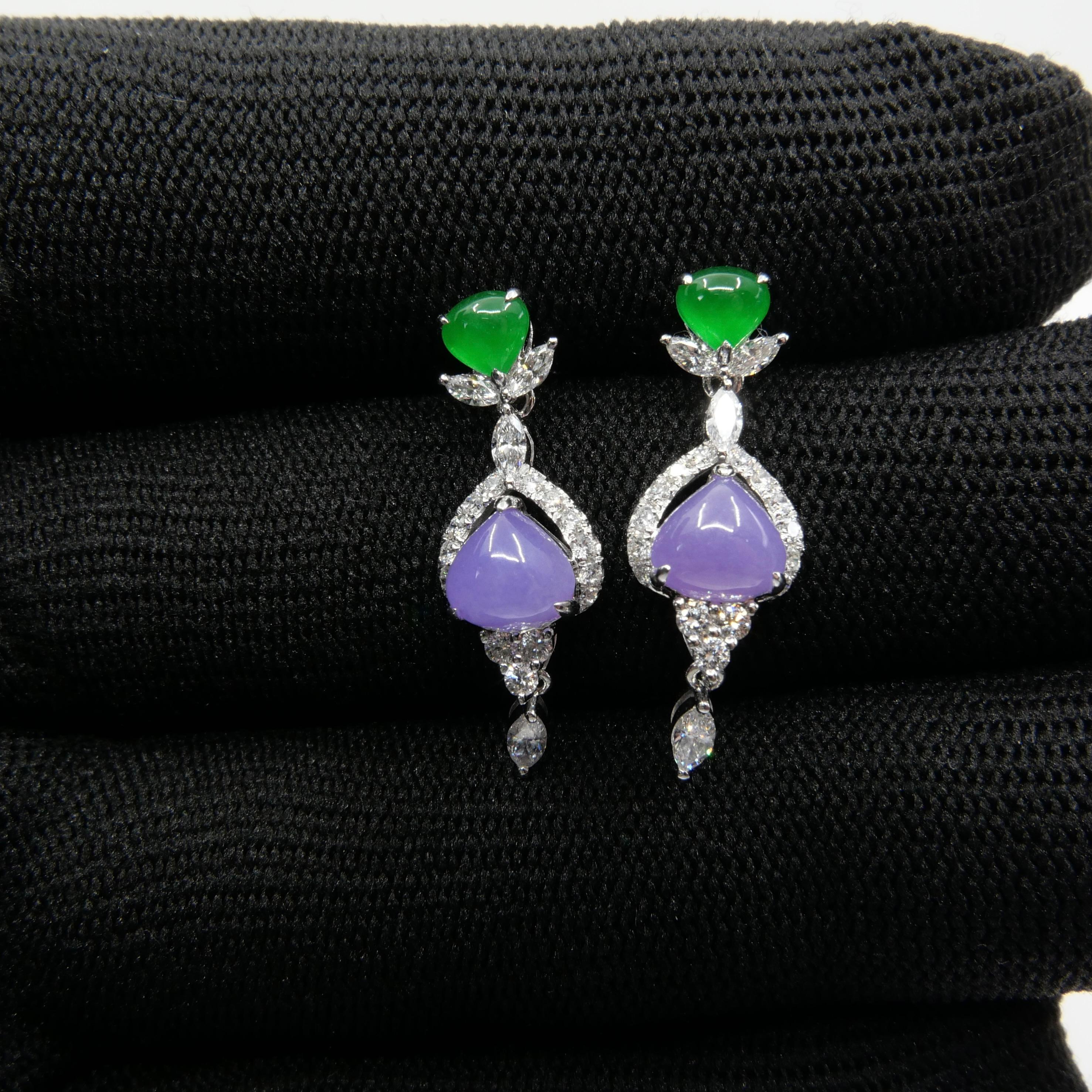 Pear Cut Certified Natural Lavender & Imperial Jade & Diamond Drop Earrings. Exquisite. For Sale