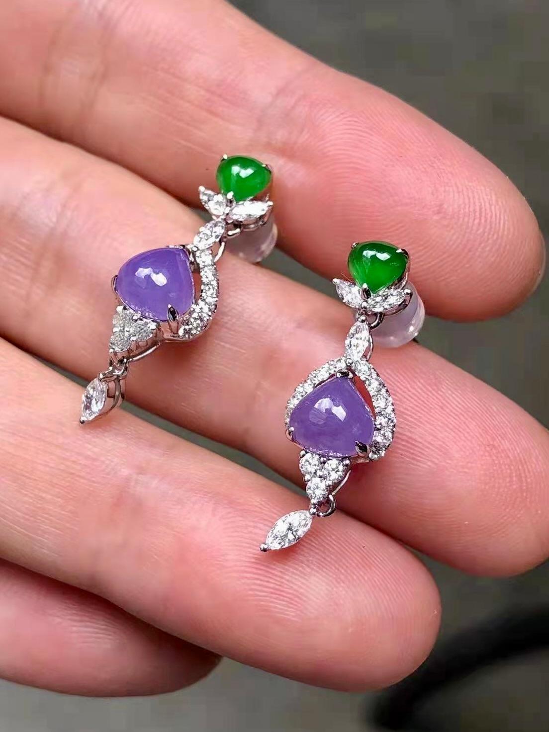 Certified Natural Lavender & Imperial Jade & Diamond Drop Earrings. Exquisite. In New Condition For Sale In Hong Kong, HK