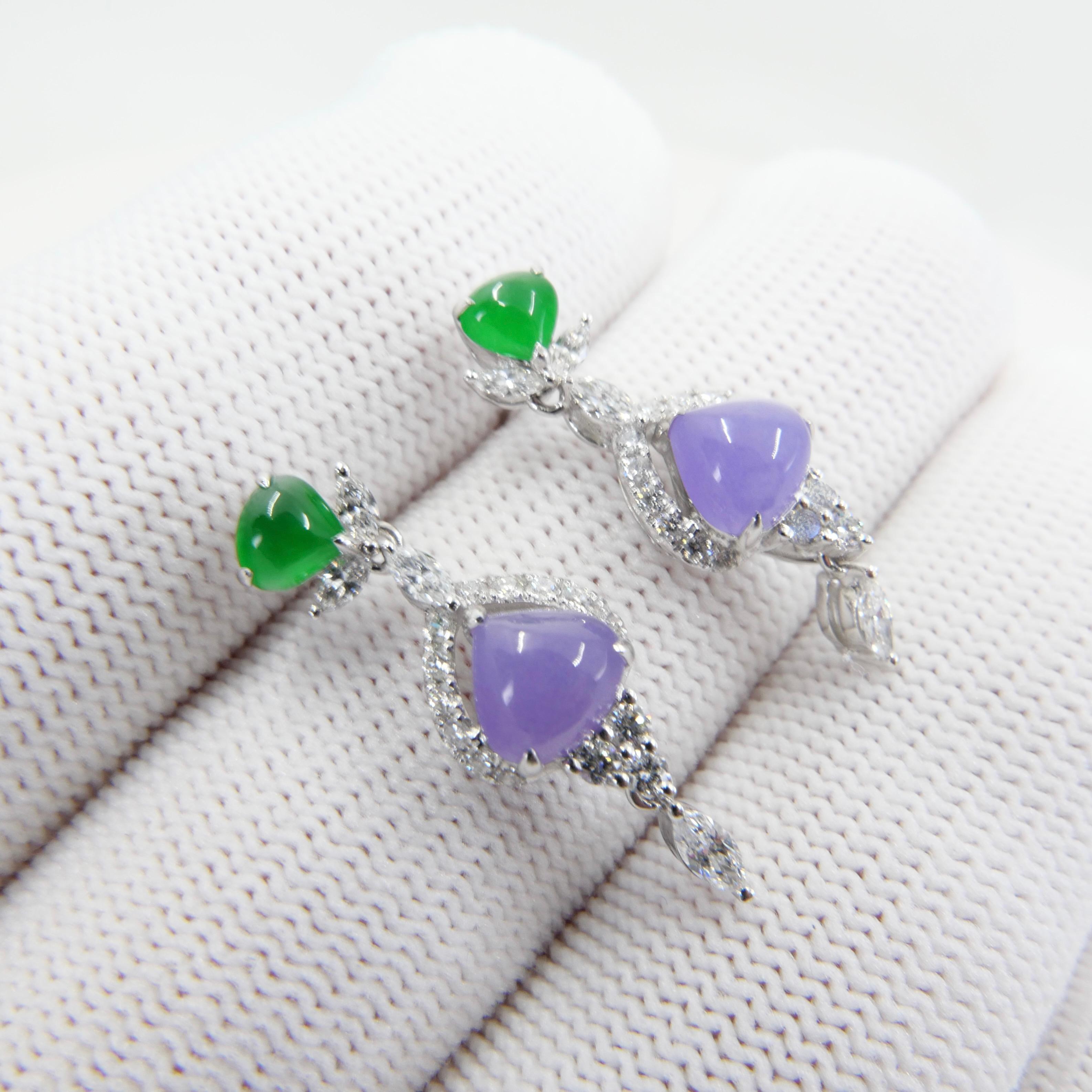 Women's Certified Natural Lavender & Imperial Jade & Diamond Drop Earrings. Exquisite. For Sale