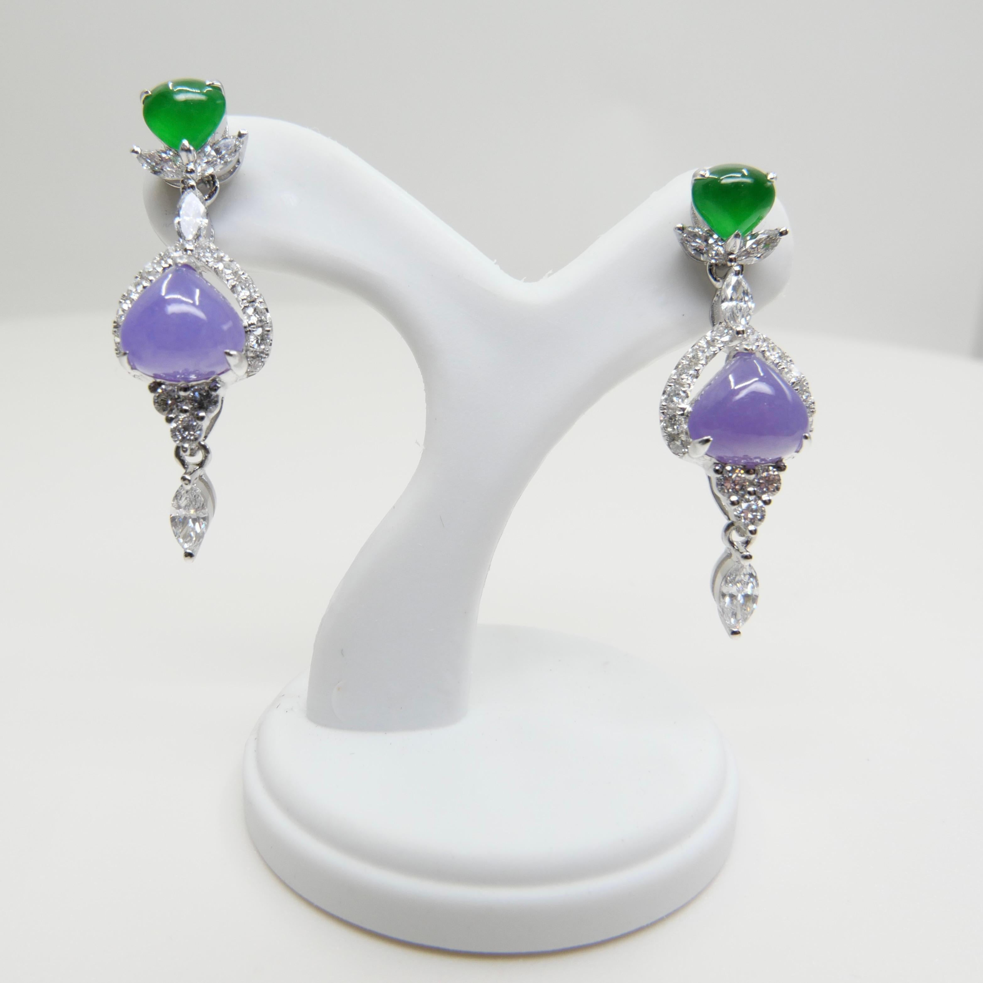 Certified Natural Lavender & Imperial Jade & Diamond Drop Earrings. Exquisite. For Sale 2