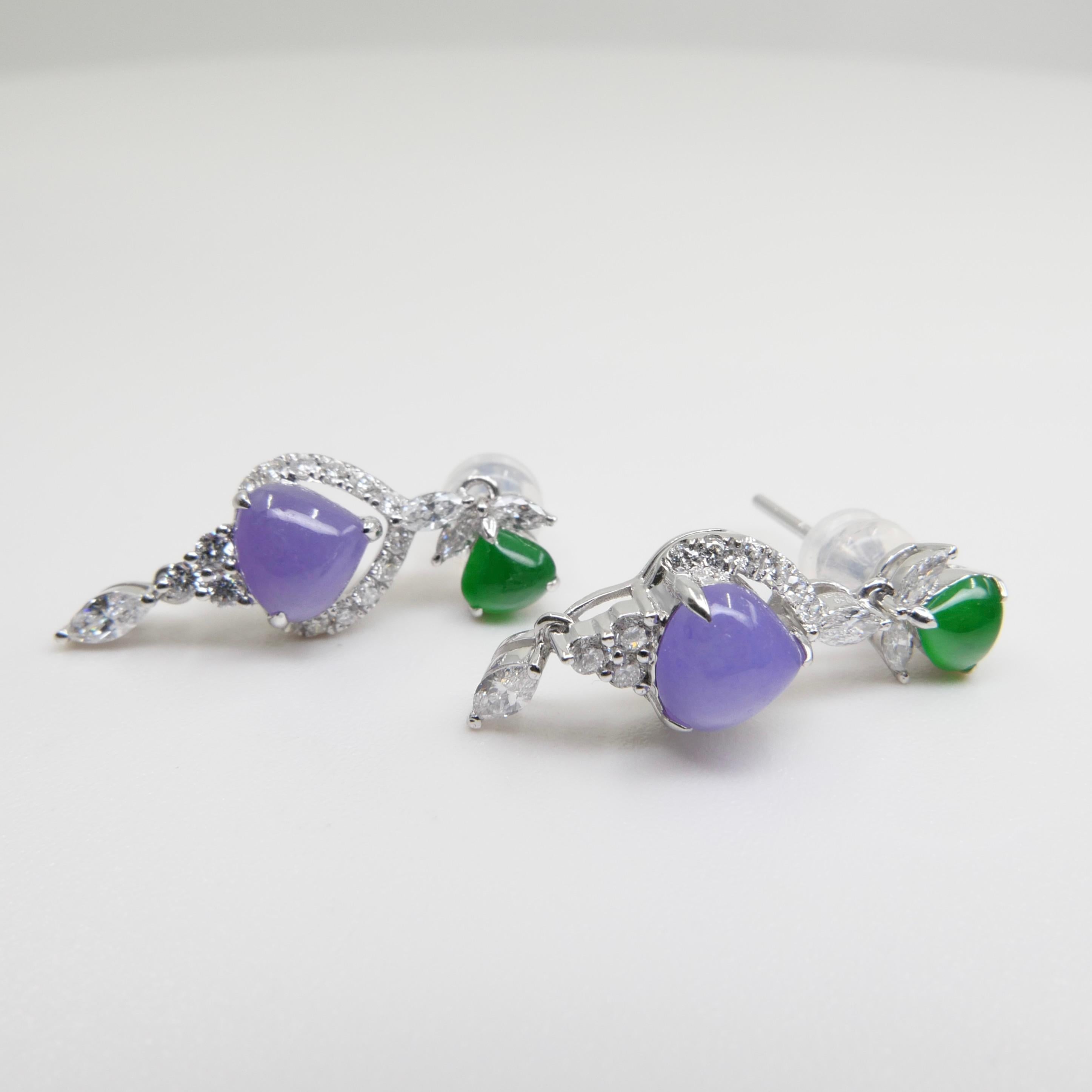 Certified Natural Lavender & Imperial Jade & Diamond Drop Earrings. Exquisite. For Sale 3