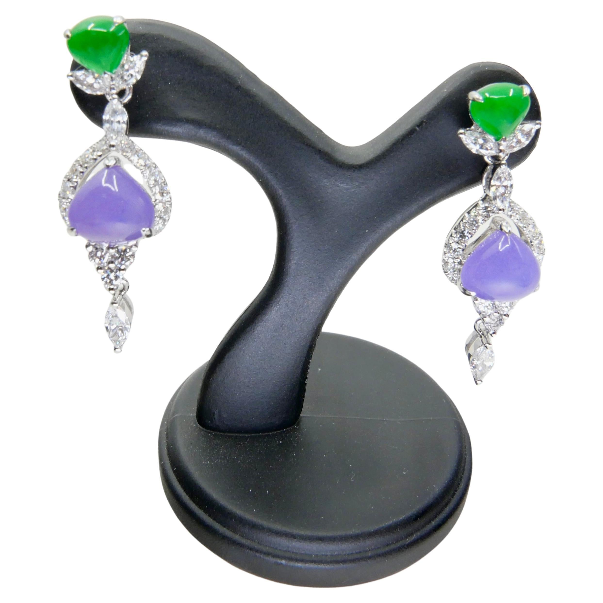Boucles d'oreilles pendantes certifiées naturelles en lavande, jade impérial et diamant. Exquis.