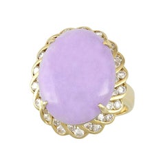 Vintage Certified Natural Lavender Jadeite Oval Cabochon & Diamond Estate Ring