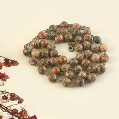 Certified Natural leopard skin jasper beads hand linked silver 29" long necklace