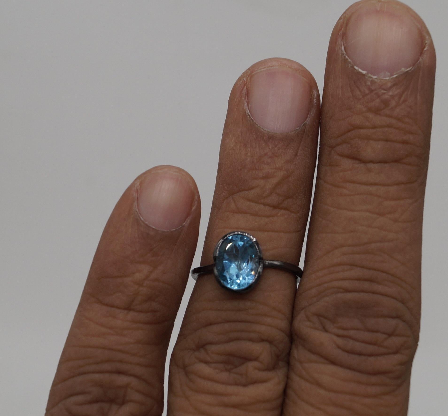 Anello con topazio blu di Londra naturale certificato in argento sterling e oro nero vermeil in vendita 5