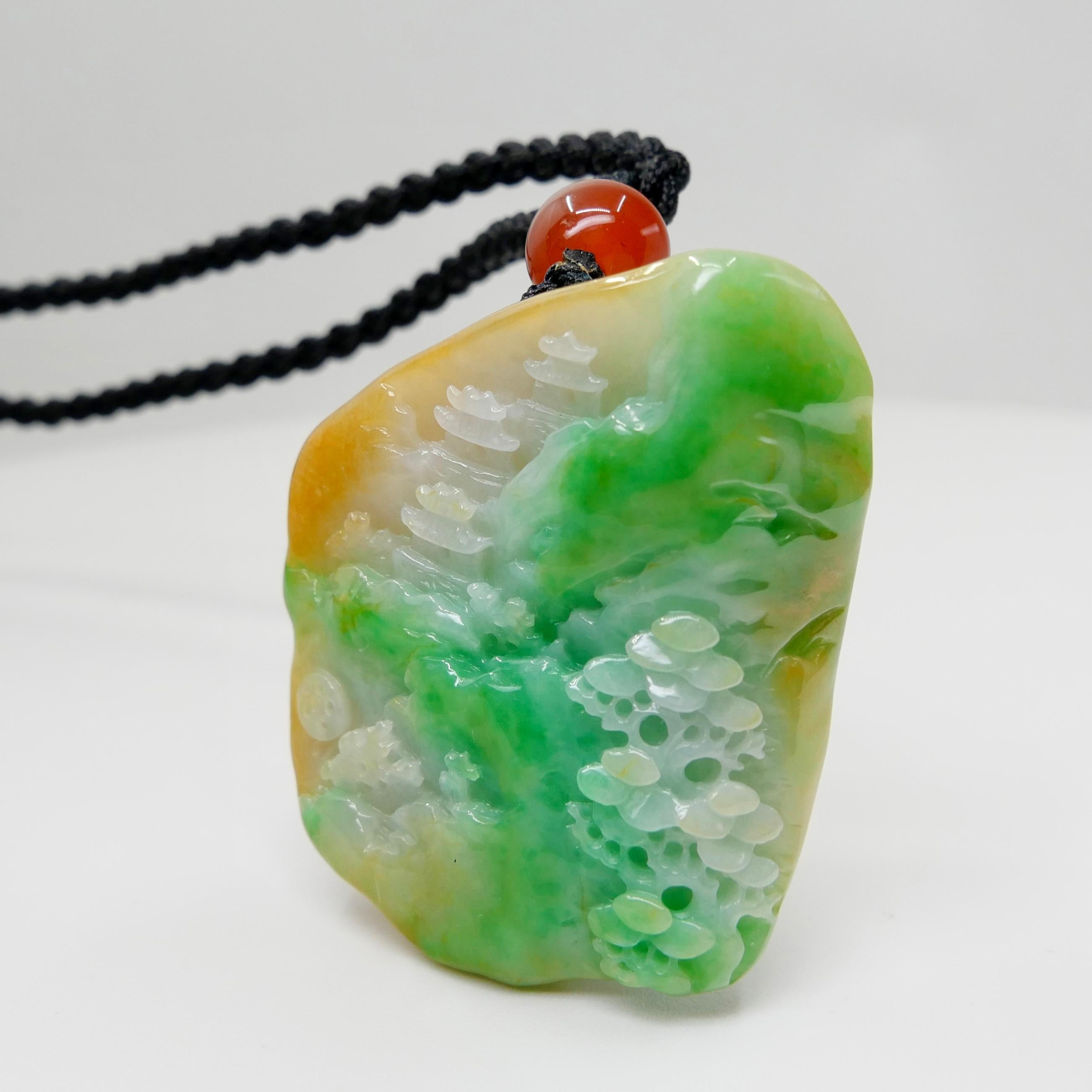 Collier à pendentif en jade naturel multicolore et agate certifié. Sculpture exquise. en vente 4