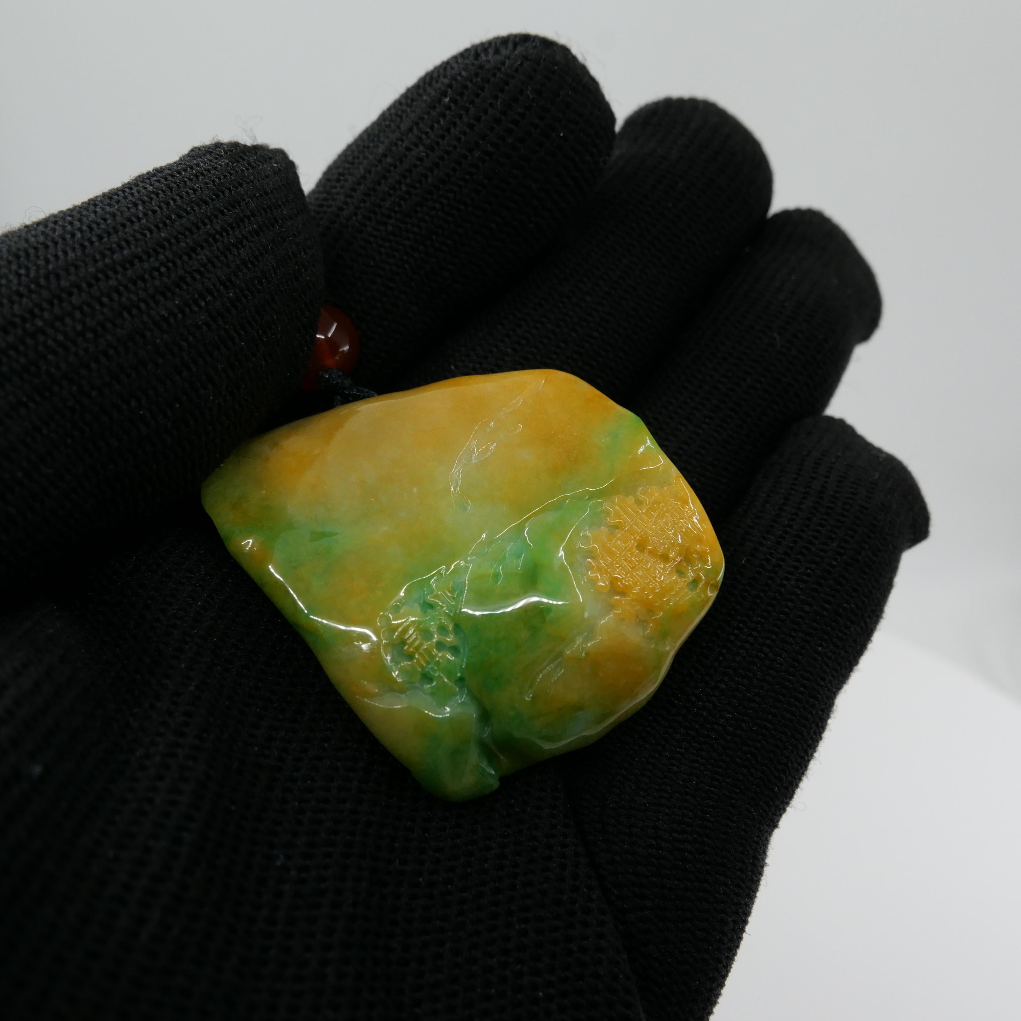 Collier à pendentif en jade naturel multicolore et agate certifié. Sculpture exquise. en vente 5