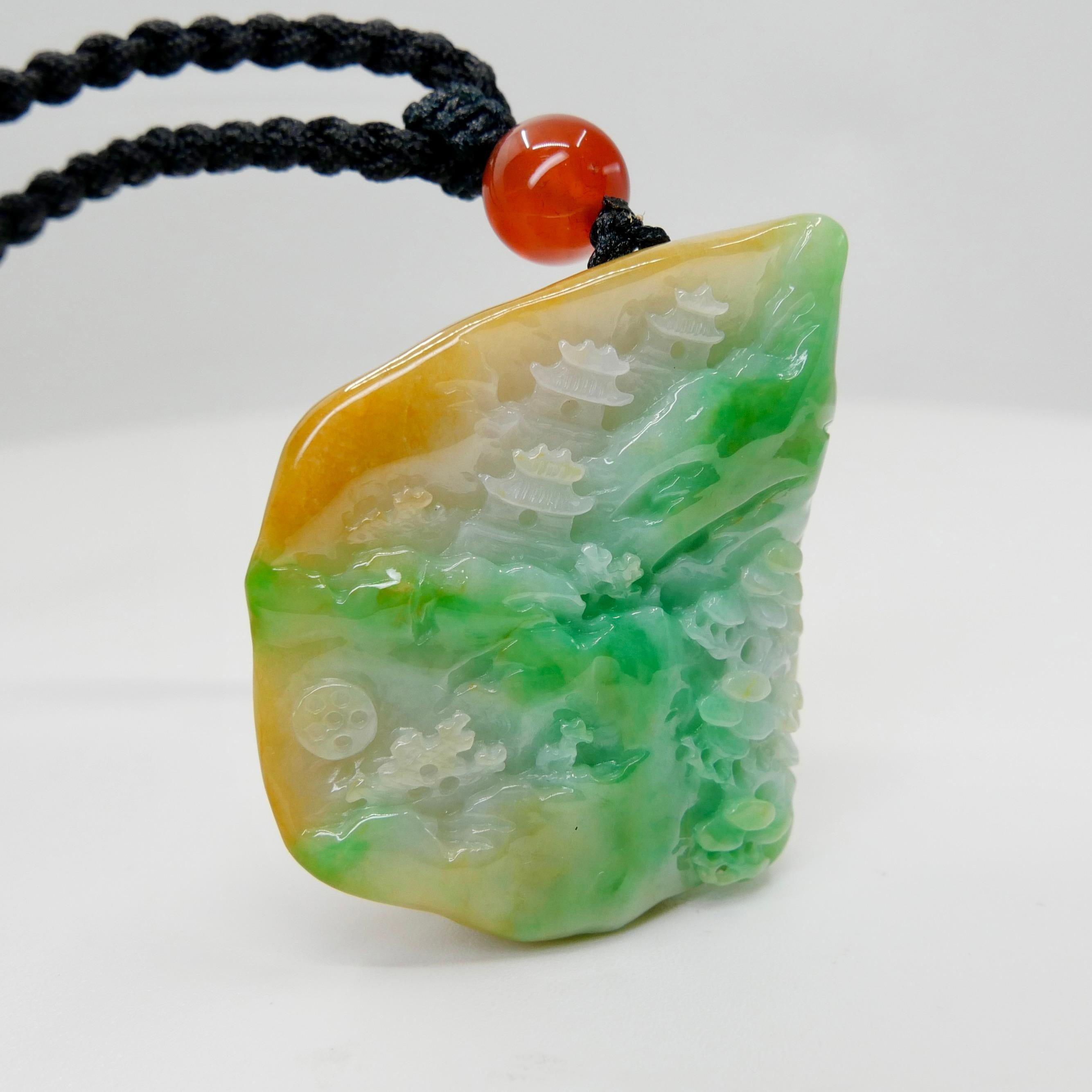 Collier à pendentif en jade naturel multicolore et agate certifié. Sculpture exquise. en vente 6