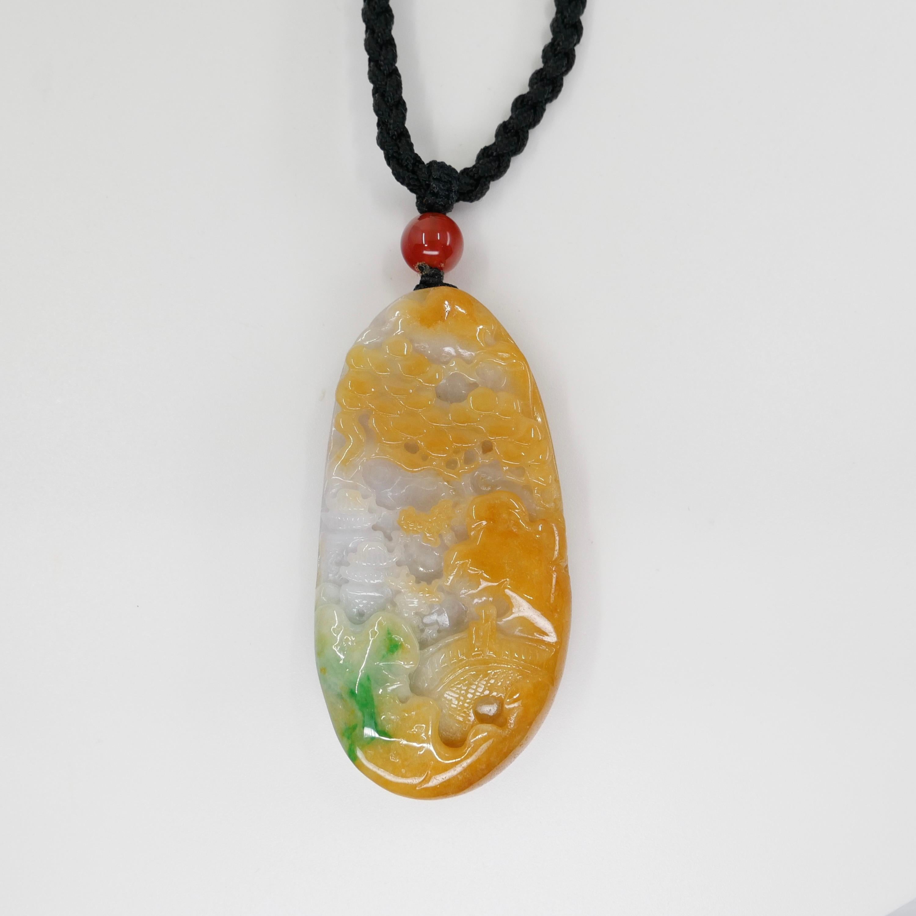 Certified Natural Multi Color Jade & Agate Pendant Necklace, Exquisite Carving For Sale 6