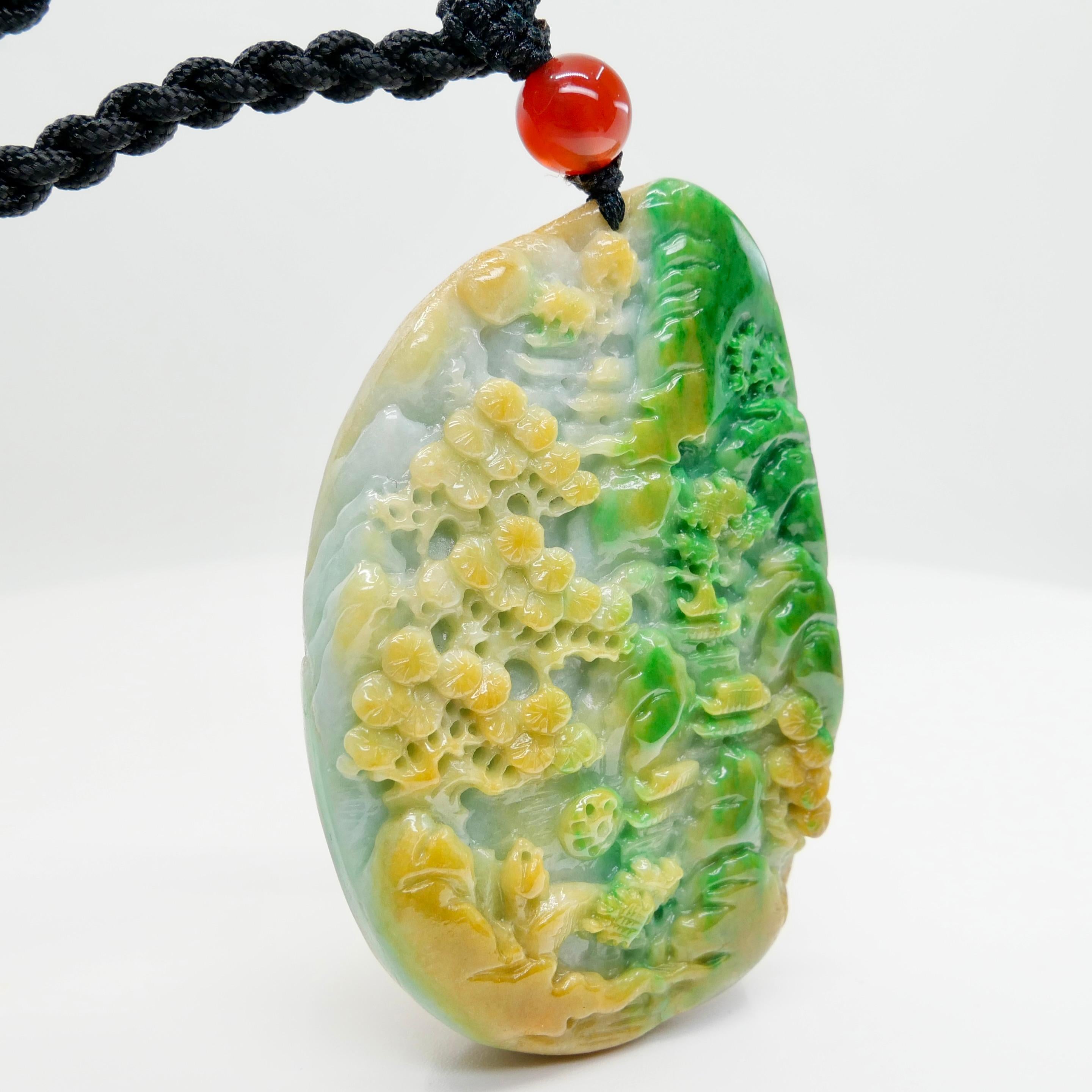 Certified Natural Multi Color Jade & Agate Pendant Necklace, Exquisite Carving For Sale 4