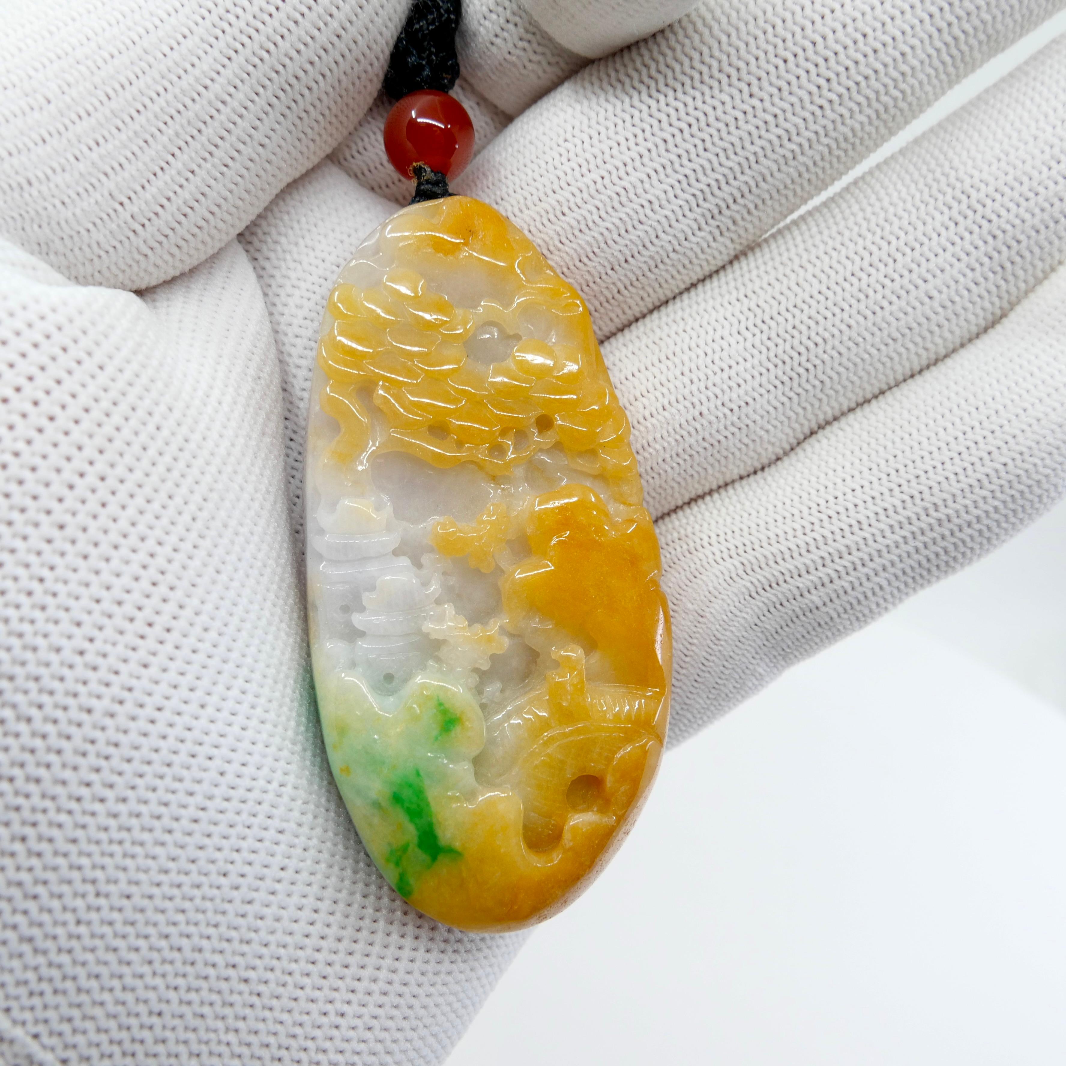 Certified Natural Multi Color Jade & Agate Pendant Necklace, Exquisite Carving For Sale 7