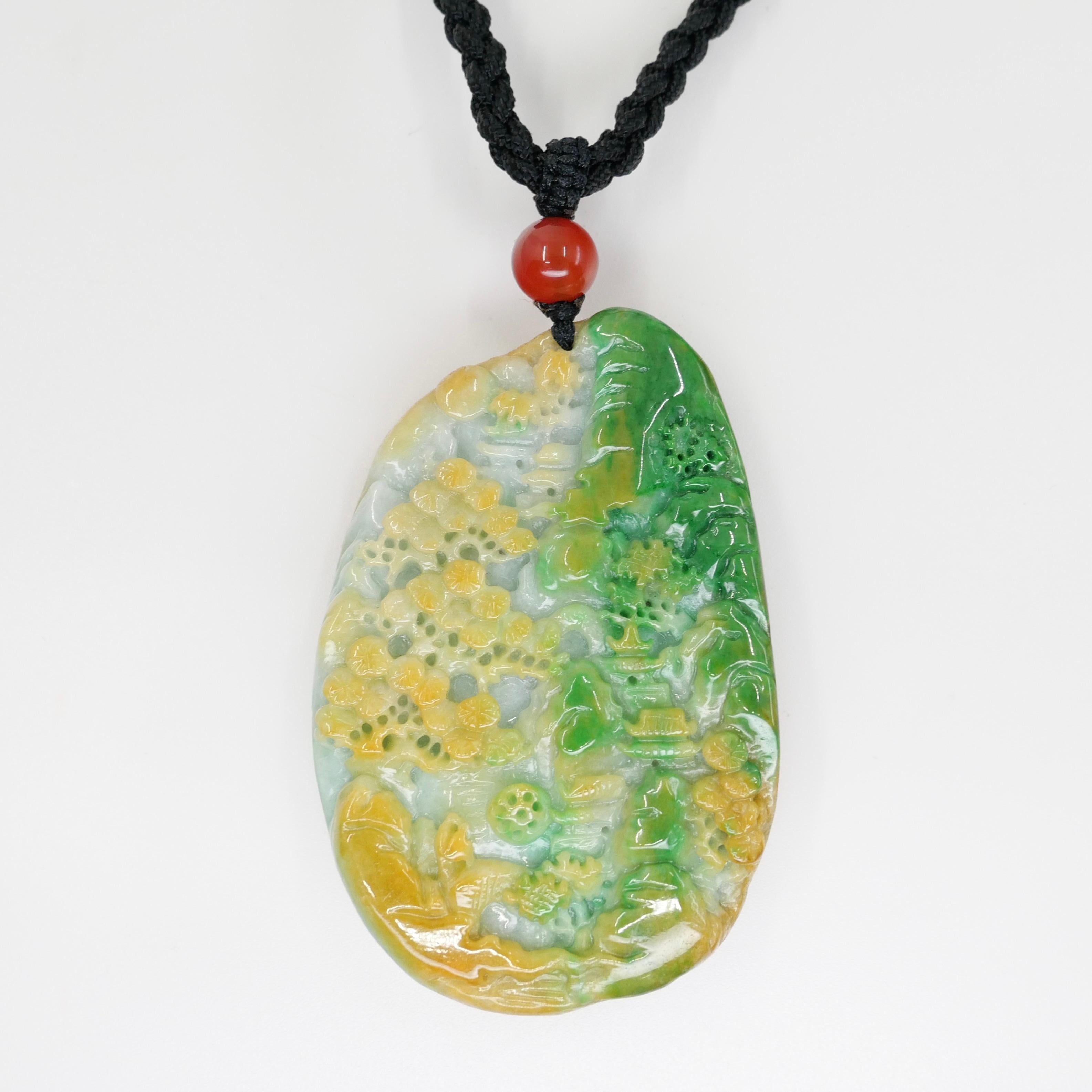 Certified Natural Multi Color Jade & Agate Pendant Necklace, Exquisite Carving For Sale 5