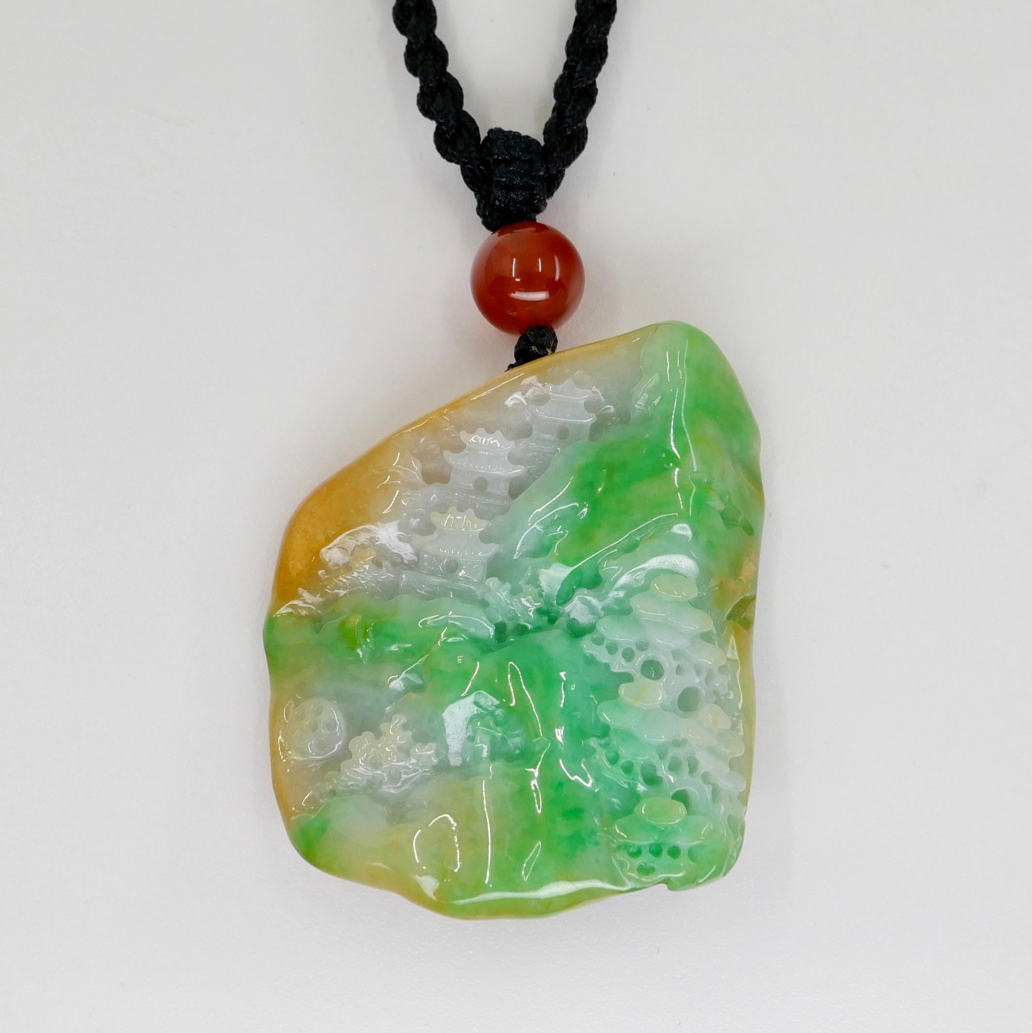 Collier à pendentif en jade naturel multicolore et agate certifié. Sculpture exquise. en vente 8