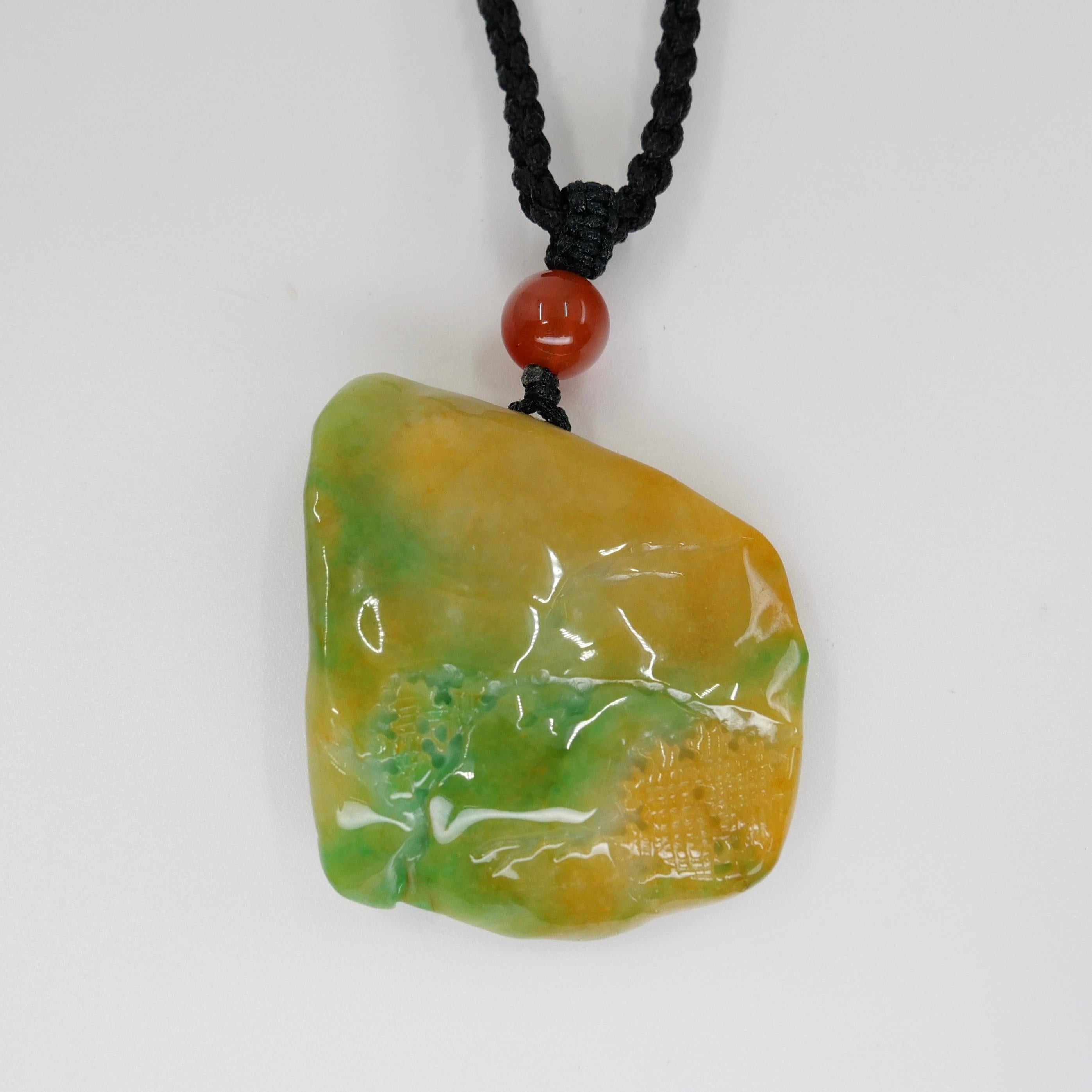 Collier à pendentif en jade naturel multicolore et agate certifié. Sculpture exquise. en vente 9