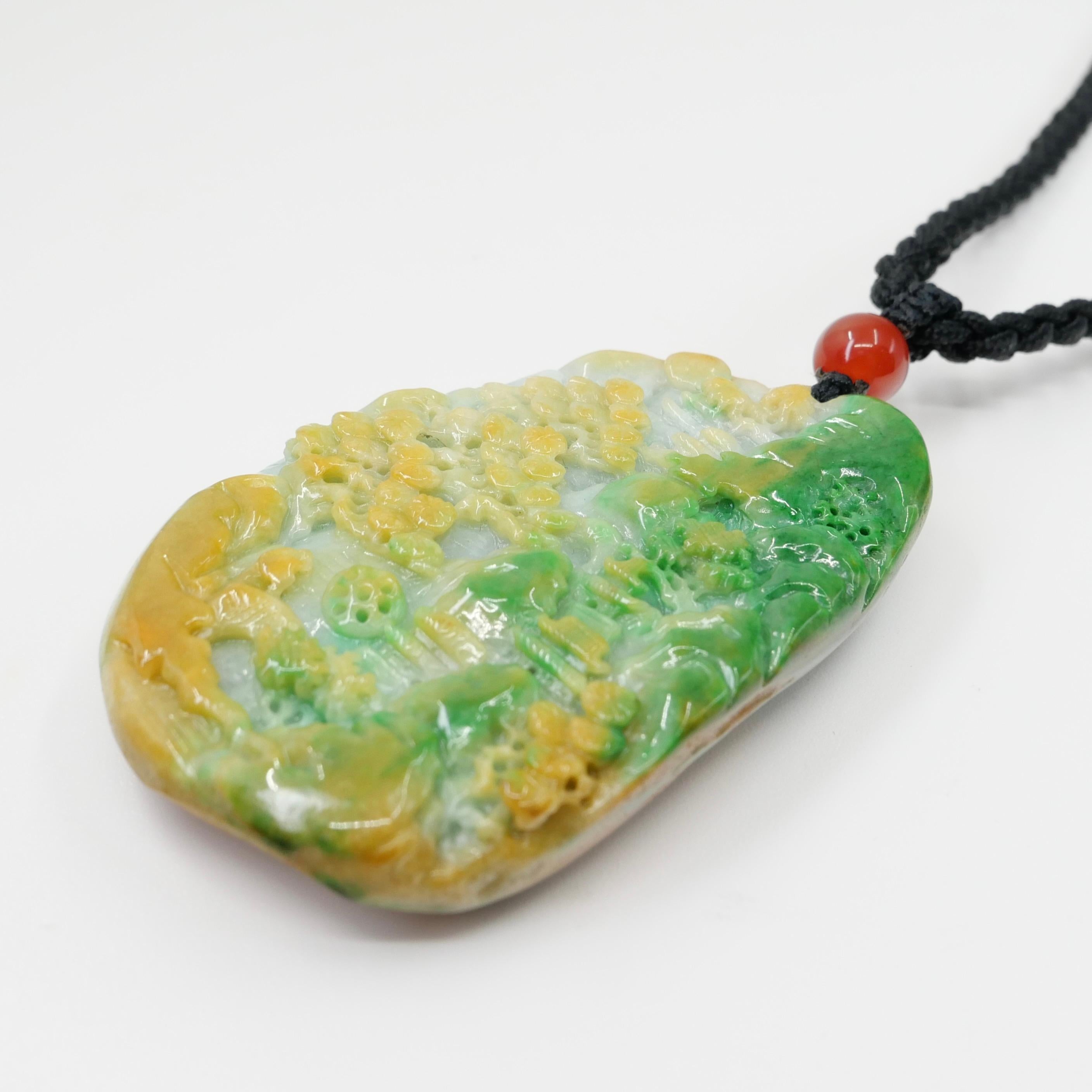 Certified Natural Multi Color Jade & Agate Pendant Necklace, Exquisite Carving For Sale 7