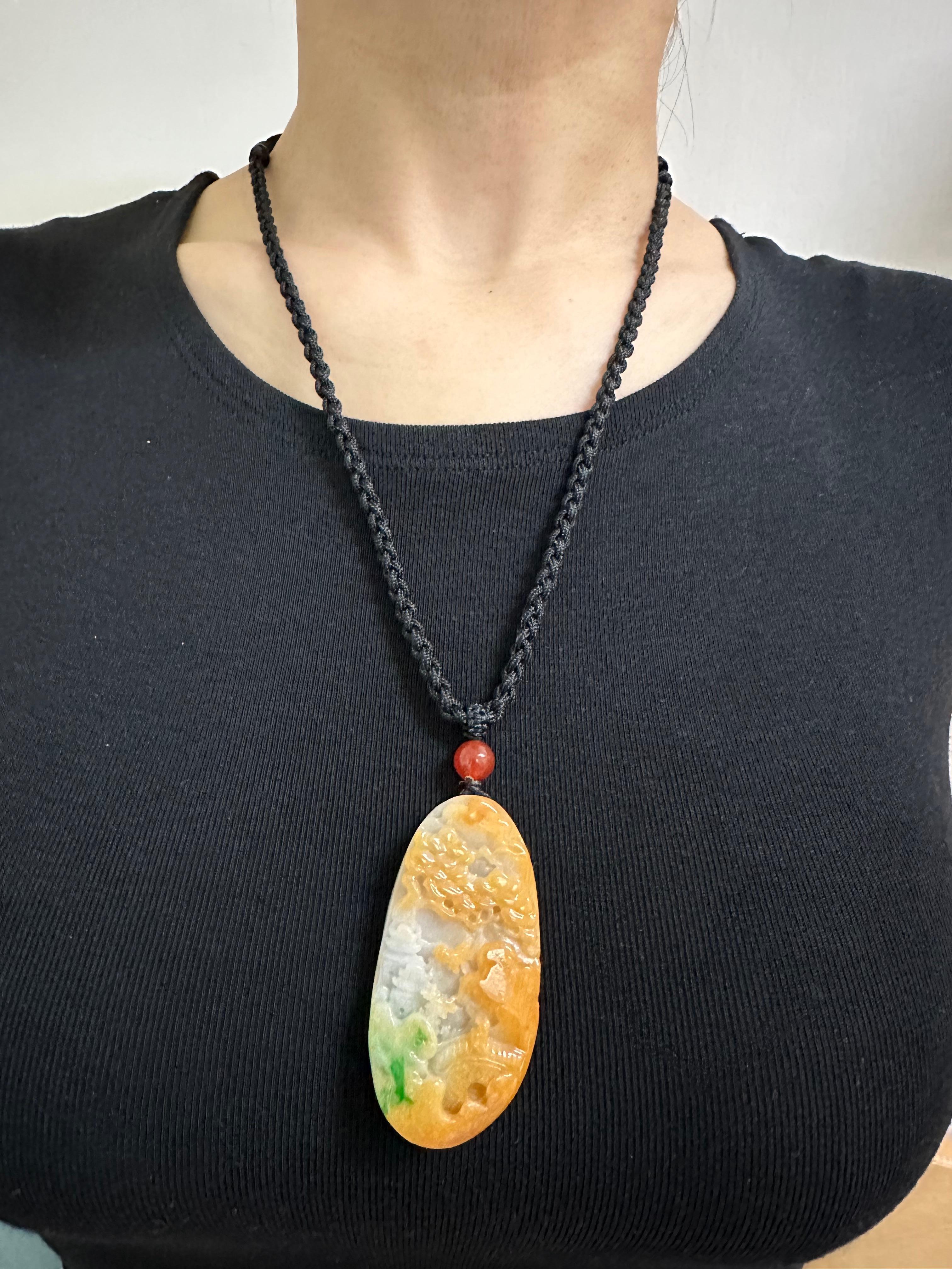 Certified Natural Multi Color Jade & Agate Pendant Necklace, Exquisite Carving For Sale 10