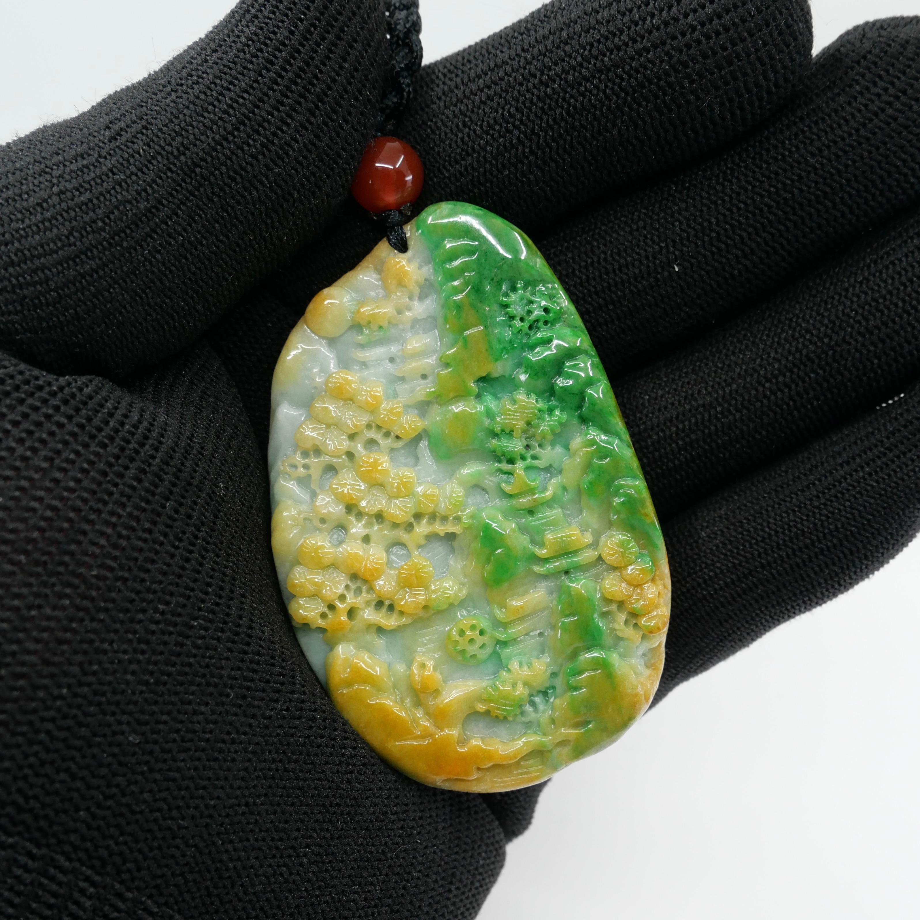 Certified Natural Multi Color Jade & Agate Pendant Necklace, Exquisite Carving For Sale 8