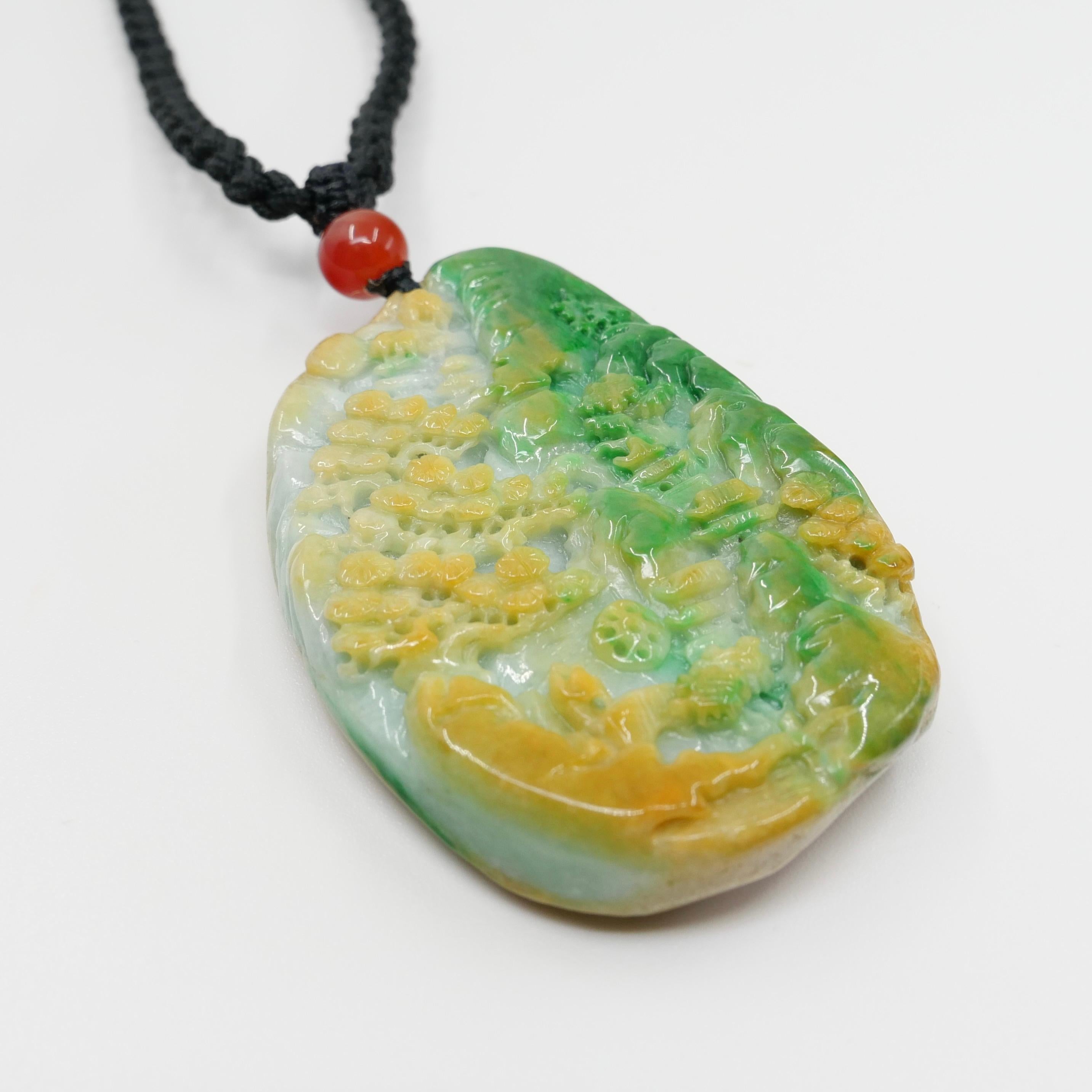Certified Natural Multi Color Jade & Agate Pendant Necklace, Exquisite Carving For Sale 9