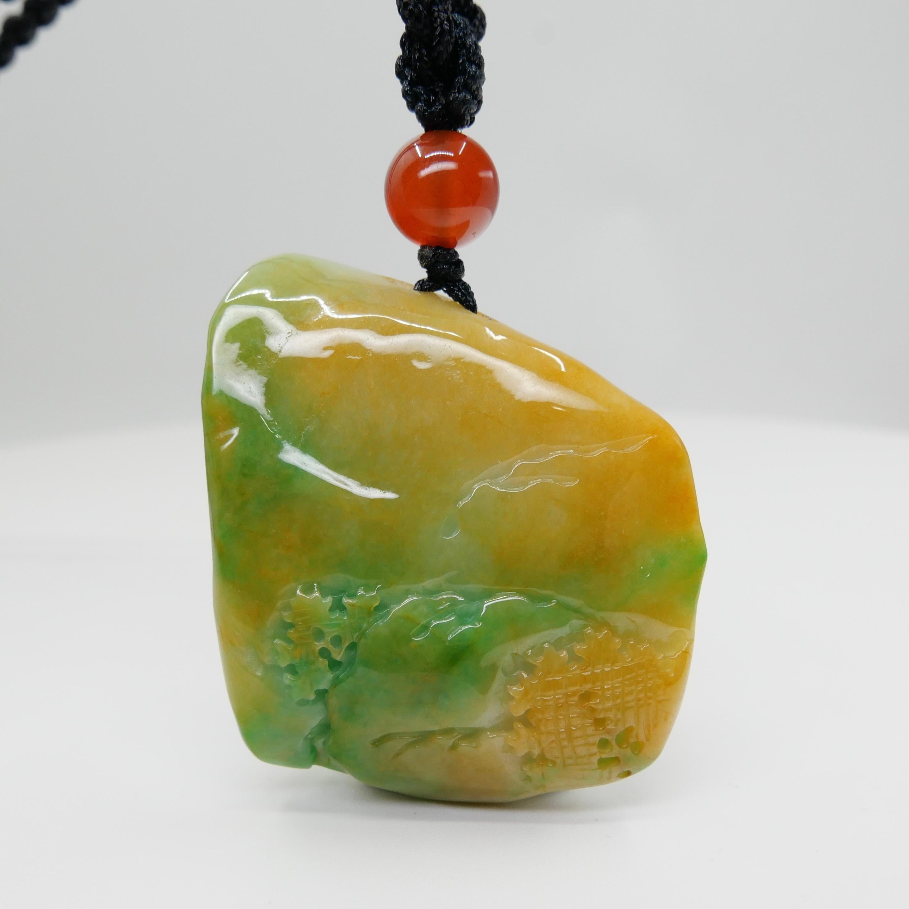 Taille grossière Collier à pendentif en jade naturel multicolore et agate certifié. Sculpture exquise. en vente
