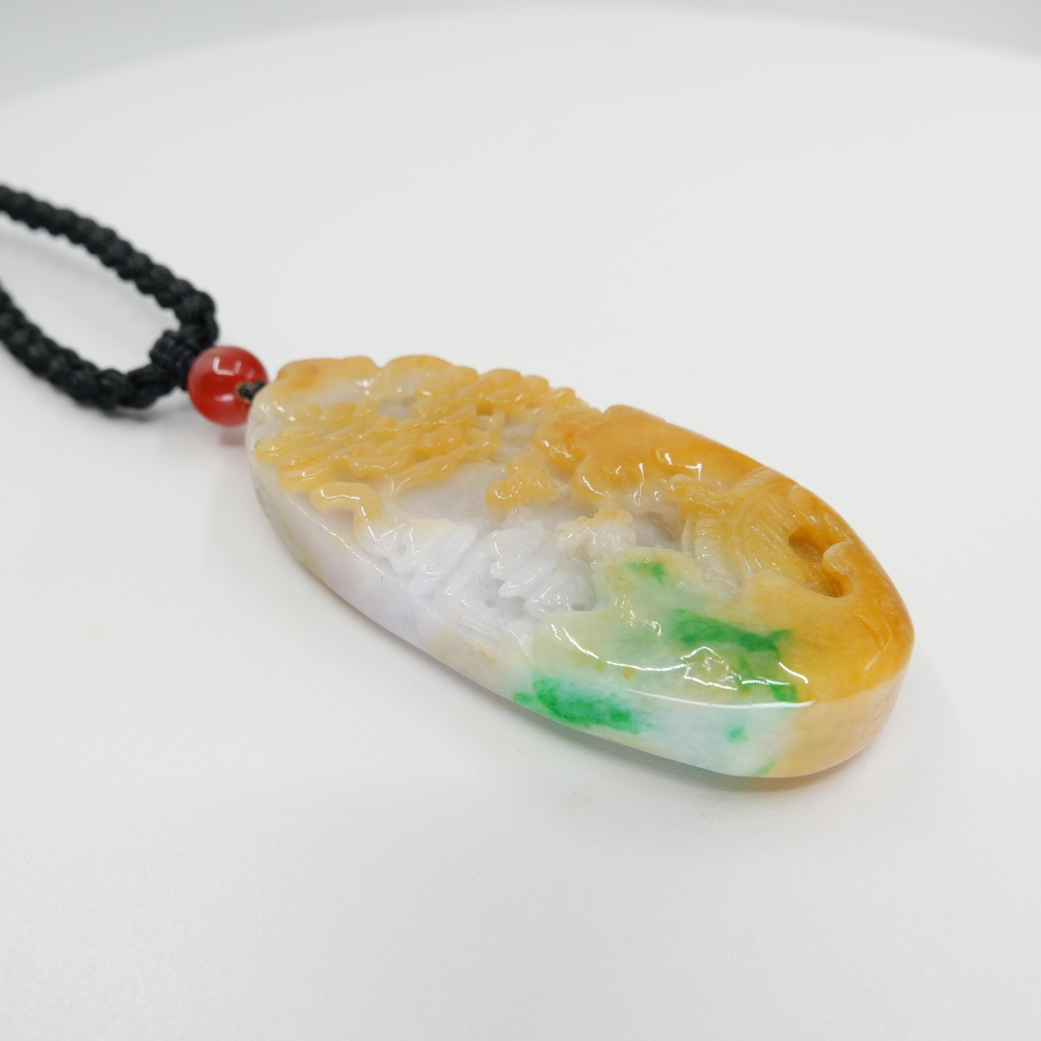 Rough Cut Certified Natural Multi Color Jade & Agate Pendant Necklace, Exquisite Carving For Sale