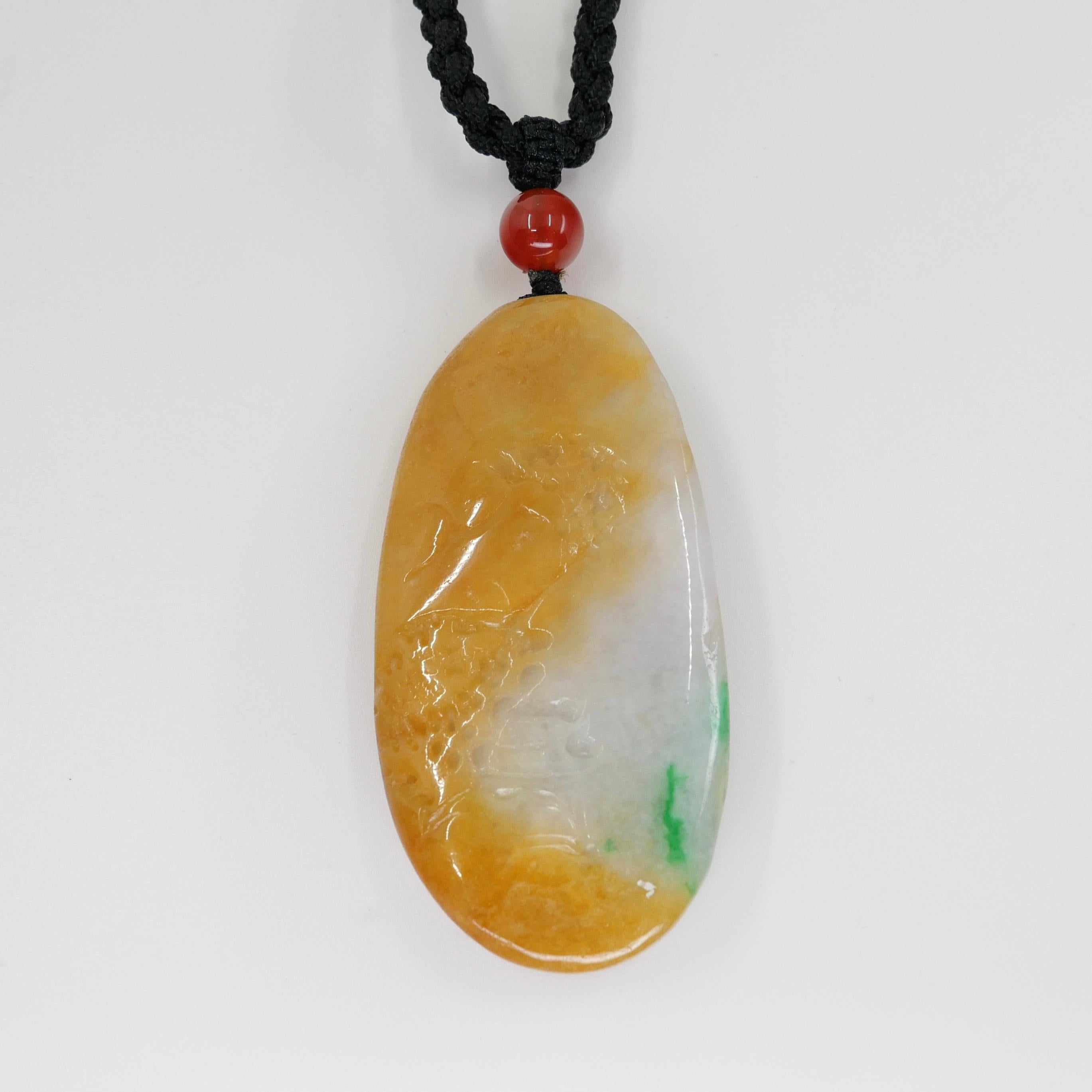 Certified Natural Multi Color Jade & Agate Pendant Necklace, Exquisite Carving In New Condition For Sale In Hong Kong, HK