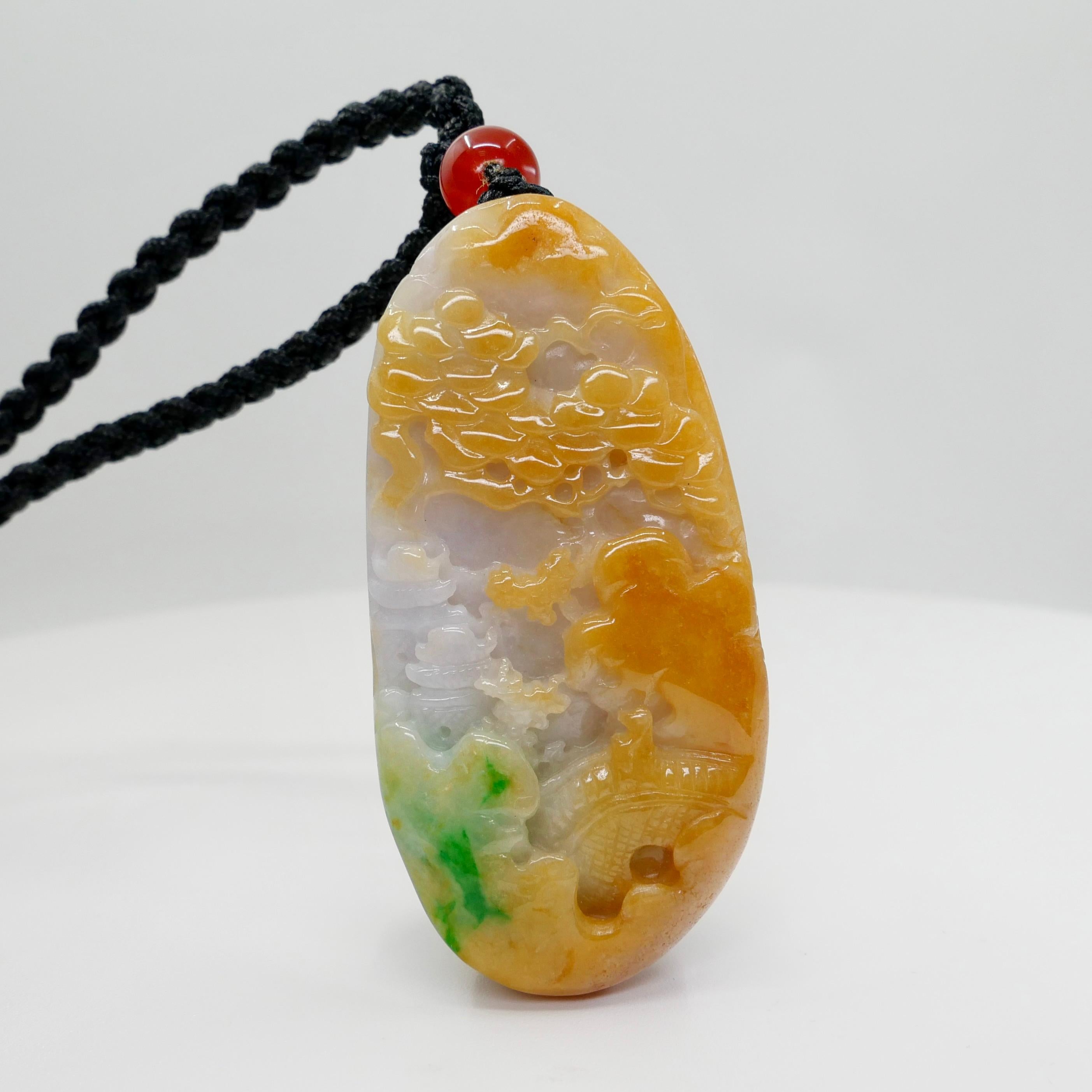 Women's or Men's Certified Natural Multi Color Jade & Agate Pendant Necklace, Exquisite Carving For Sale