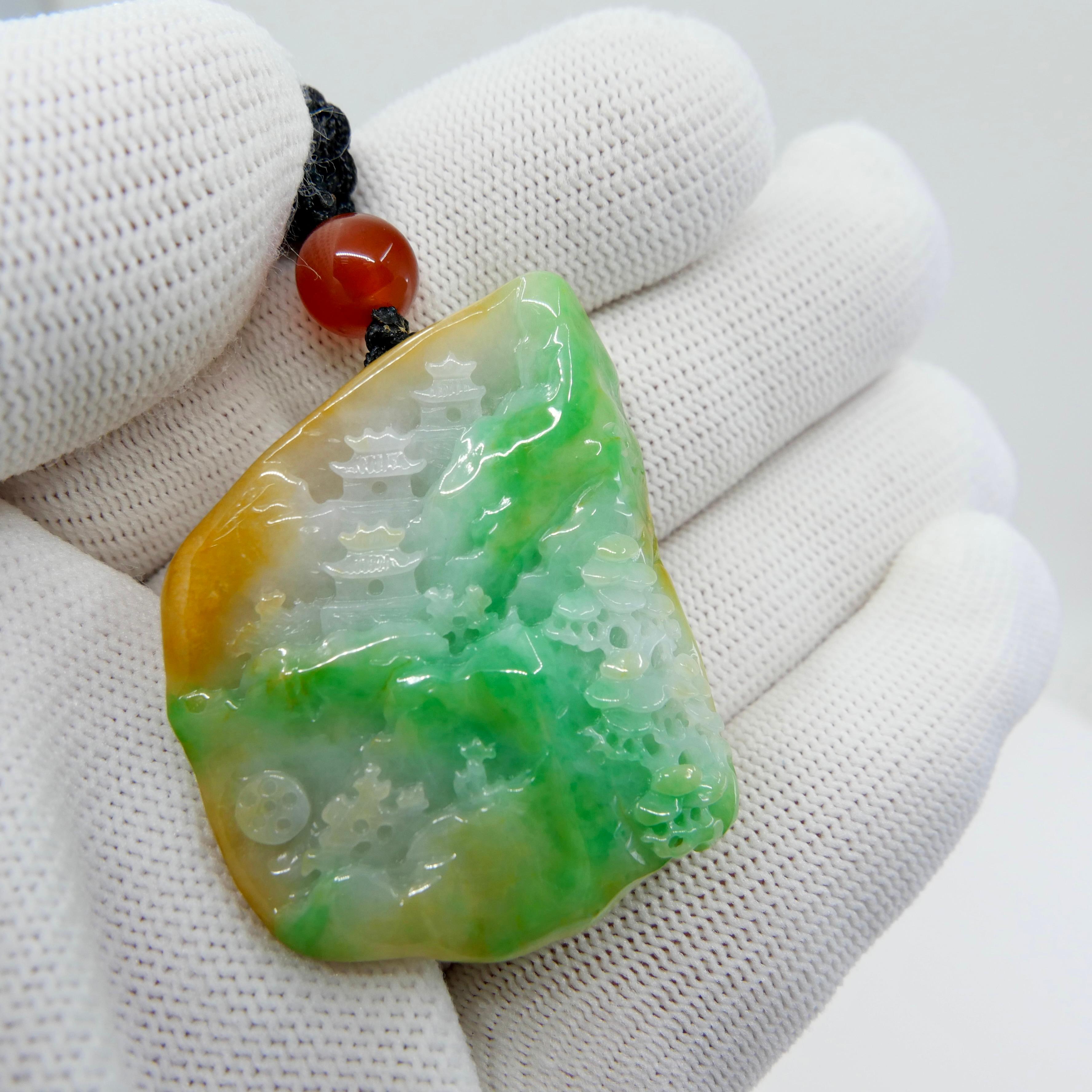 Certified Natural Multi Color Jade & Agate Pendant Necklace Exquisite Carving In New Condition For Sale In Hong Kong, HK