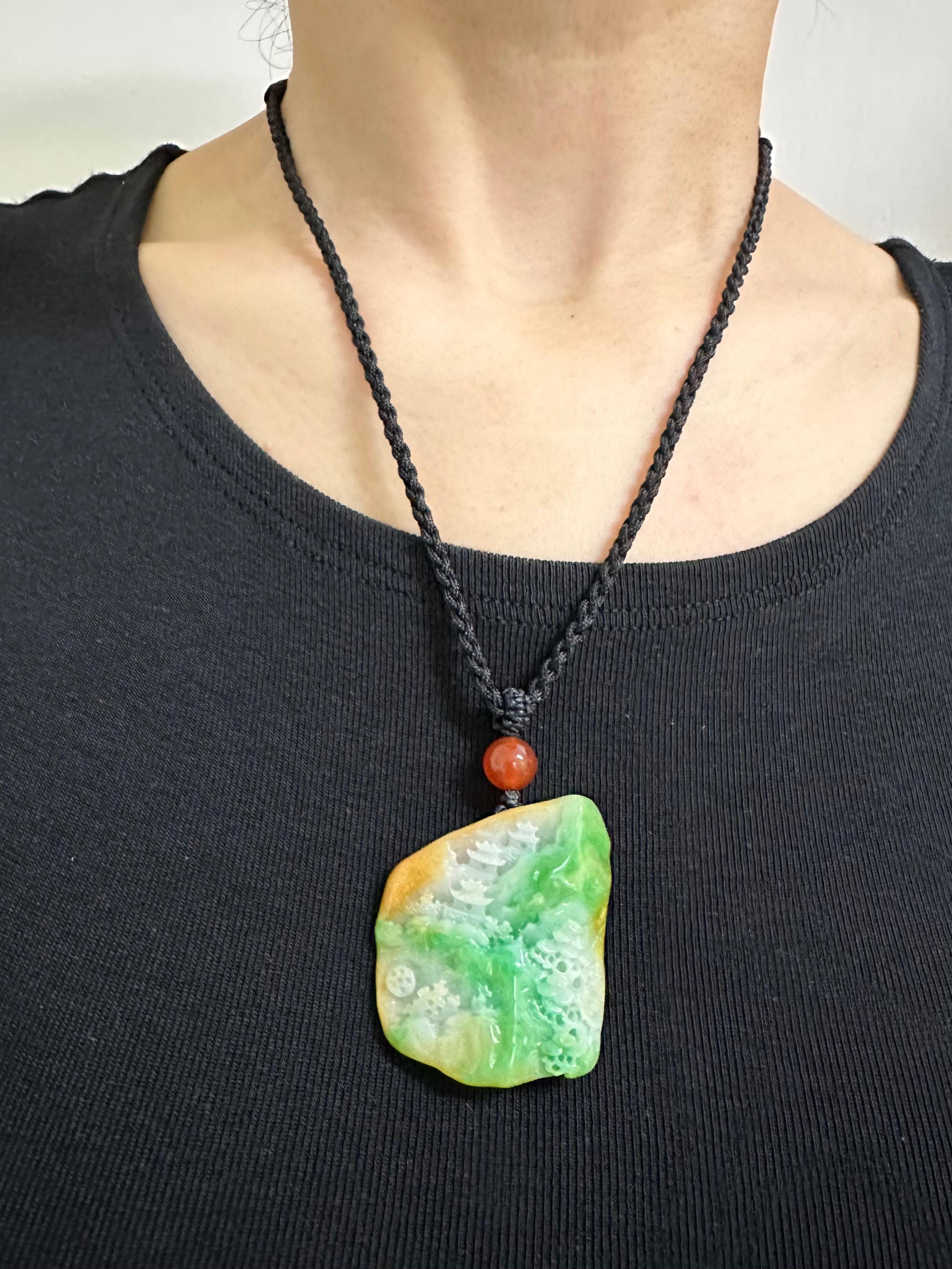 Women's or Men's Certified Natural Multi Color Jade & Agate Pendant Necklace Exquisite Carving For Sale