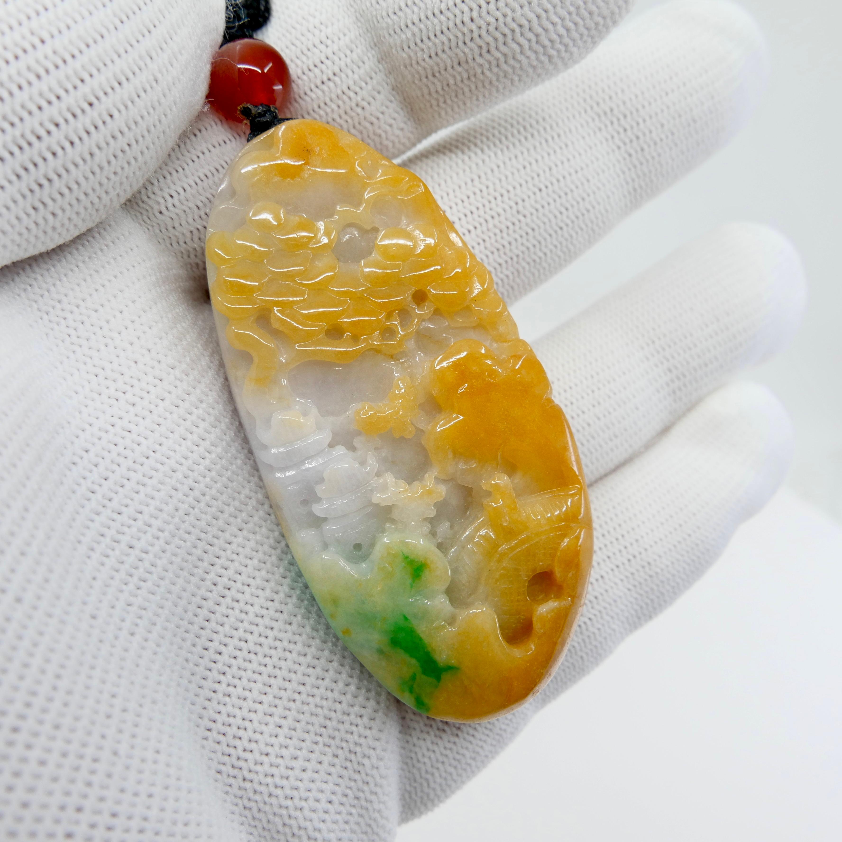 Certified Natural Multi Color Jade & Agate Pendant Necklace, Exquisite Carving For Sale 2