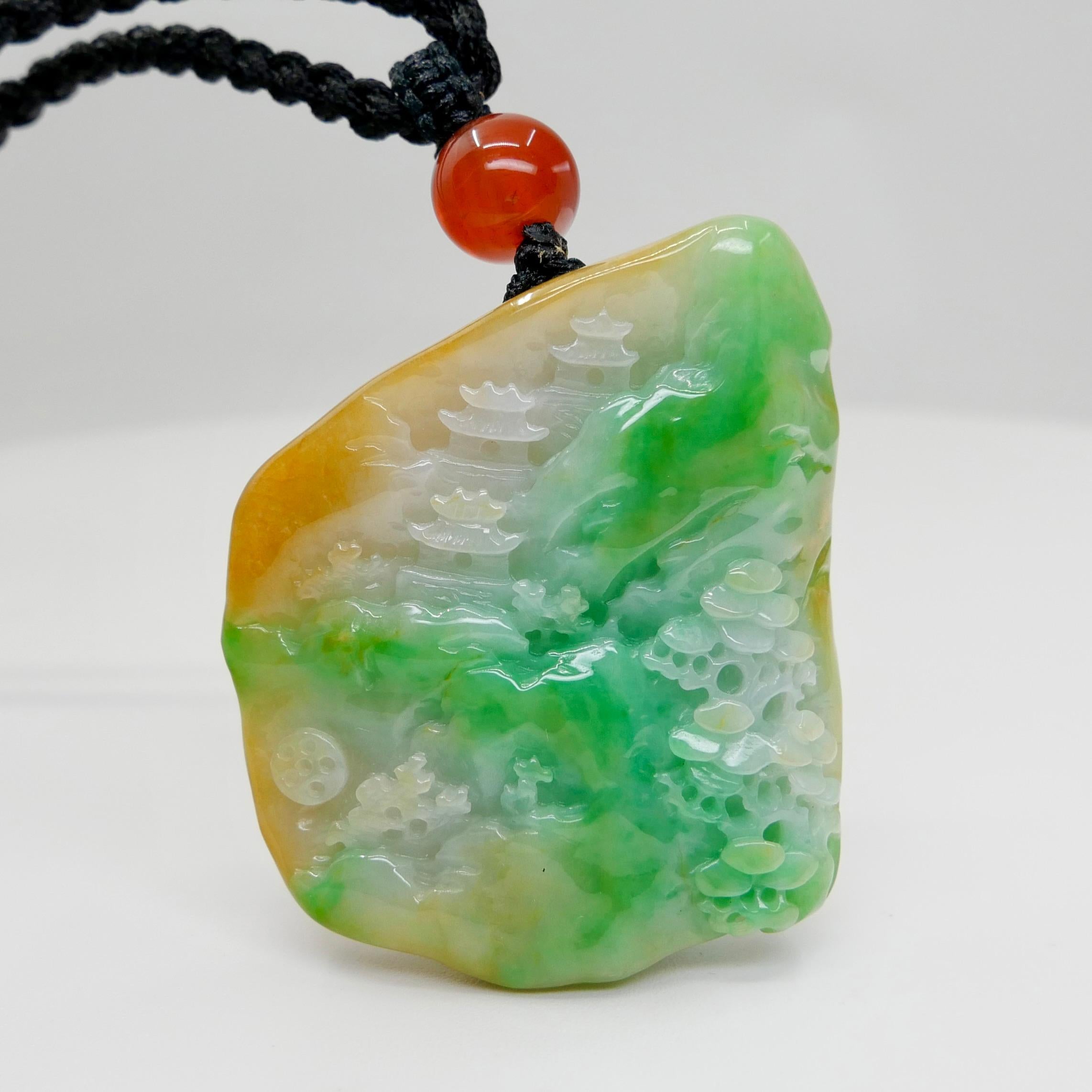 Collier à pendentif en jade naturel multicolore et agate certifié. Sculpture exquise. en vente 3